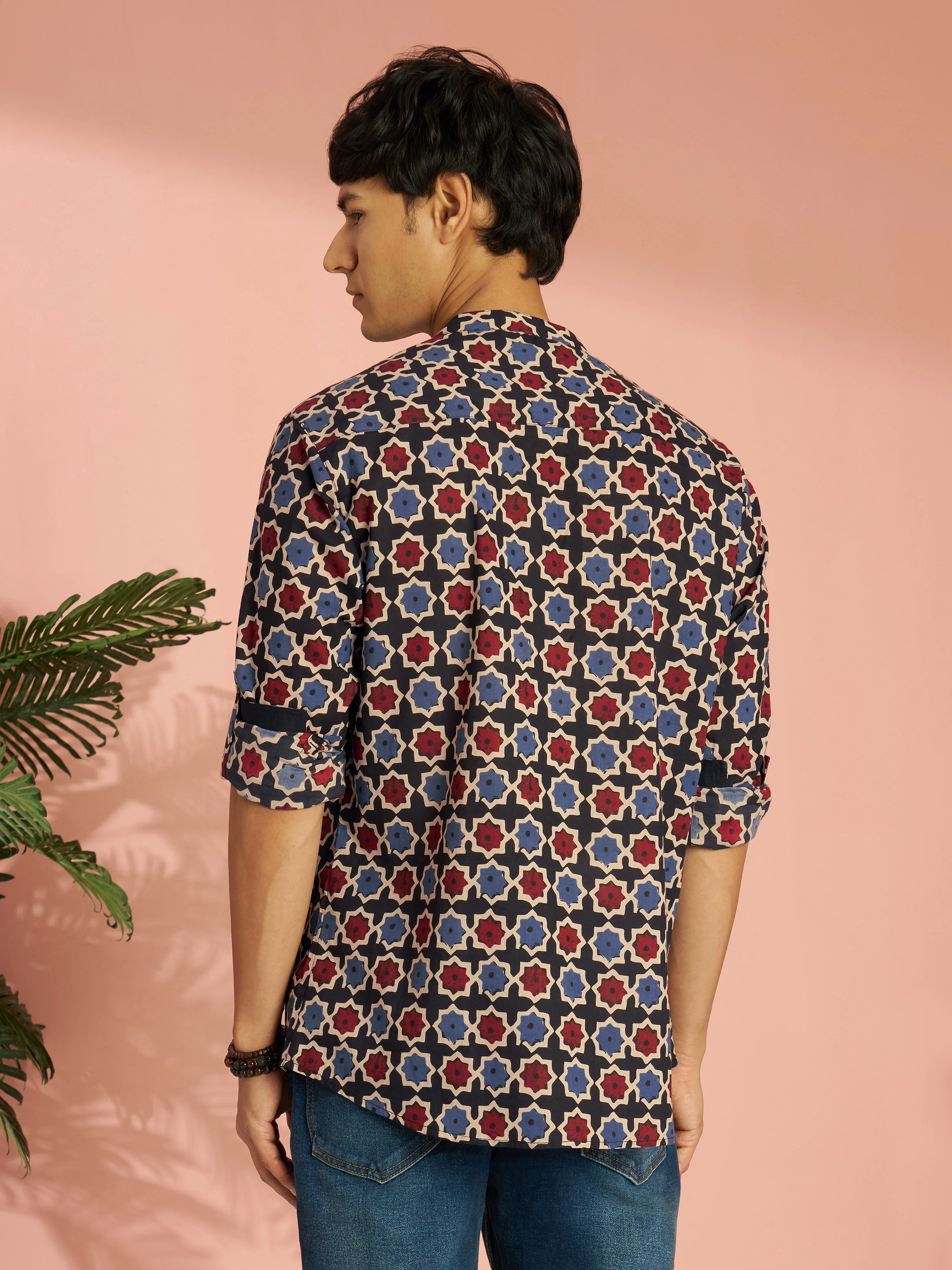 Men's Black Cotton Geometric Printed Short Kurta - Image 5