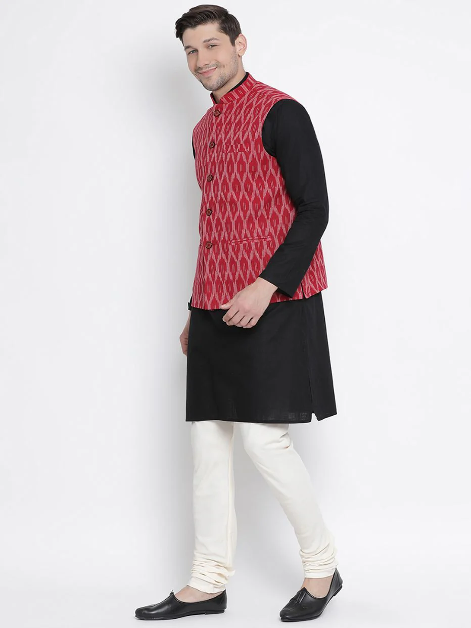 VASTRAMAY Men's Black Cotton Kurta, Ethnic Jacket and Pyjama Set - Image 2