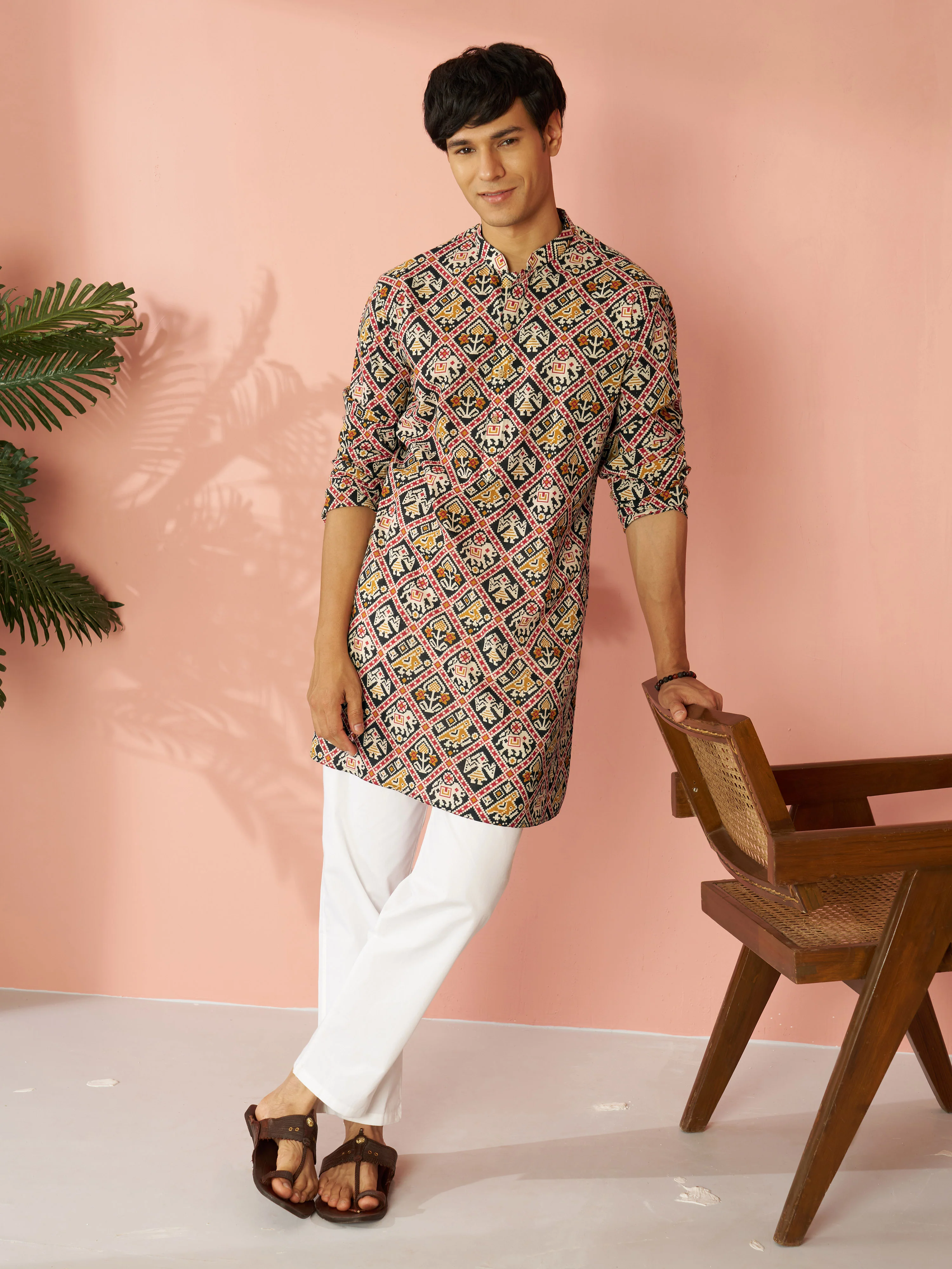 Men's Black Cotton Patola Printed Kurta with White Pyjama Set
