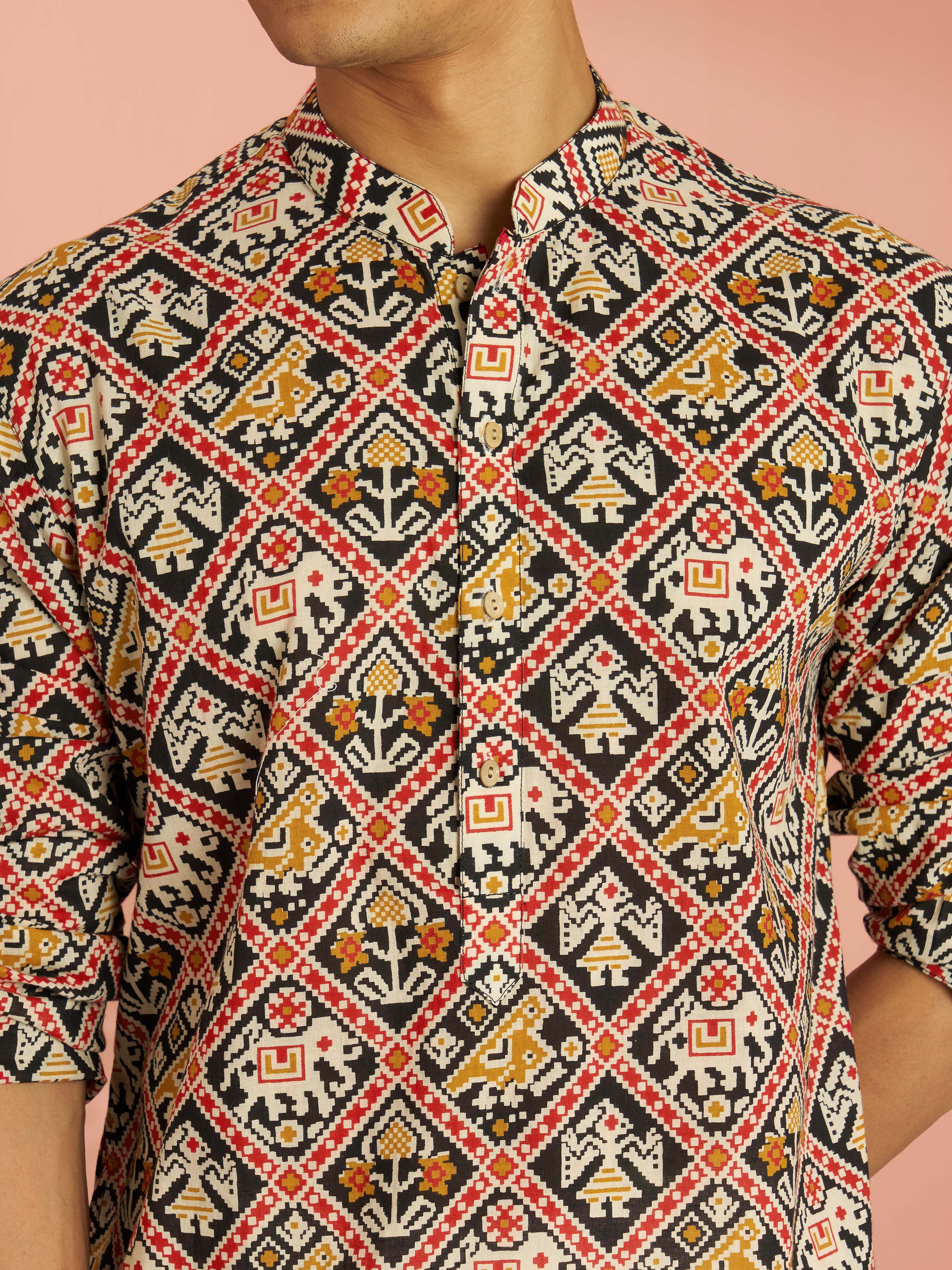 Men's Black Cotton Patola Printed Mid-Length Kurta - Image 2