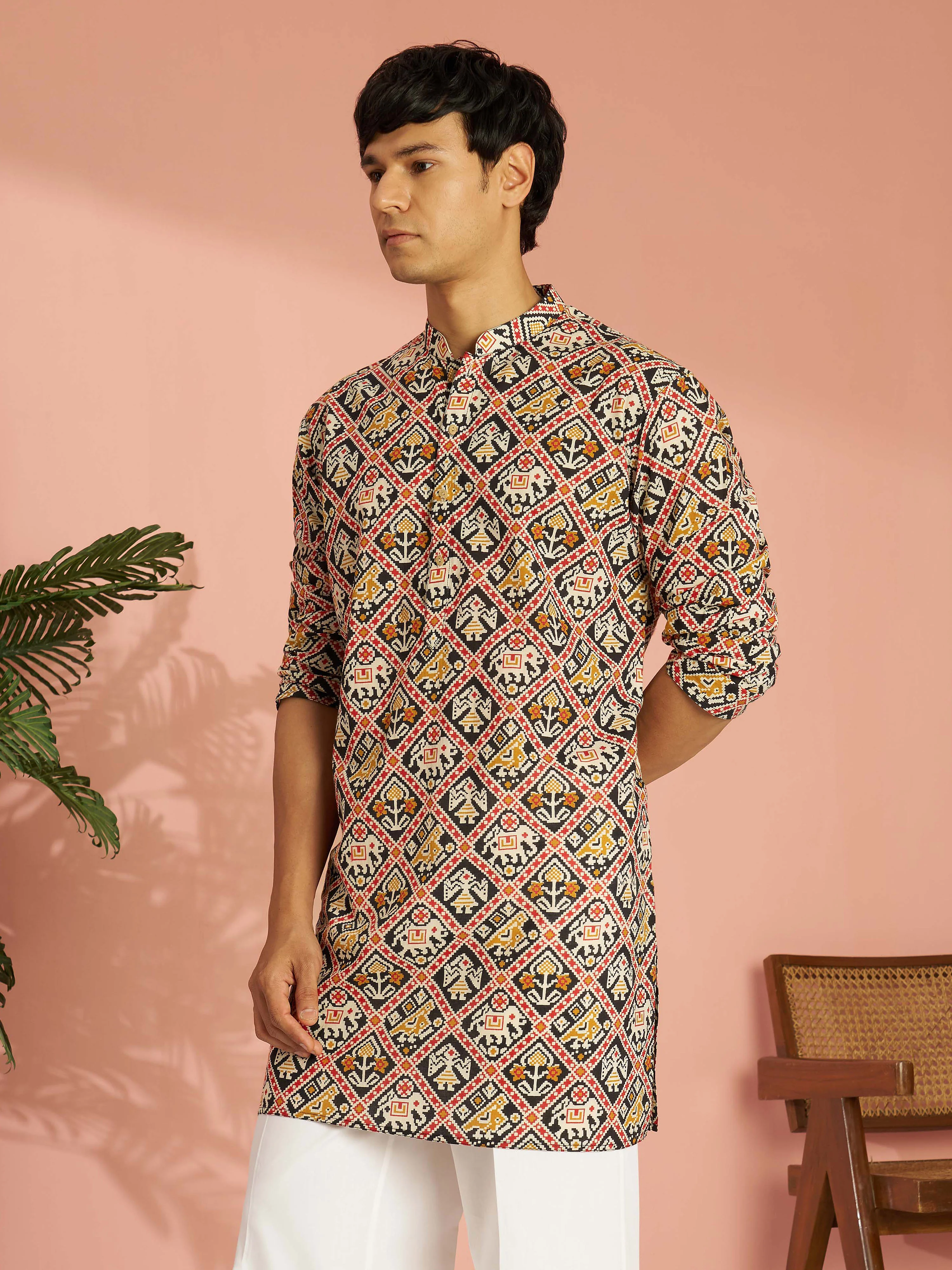 Men's Black Cotton Patola Printed Mid-Length Kurta - Image 3