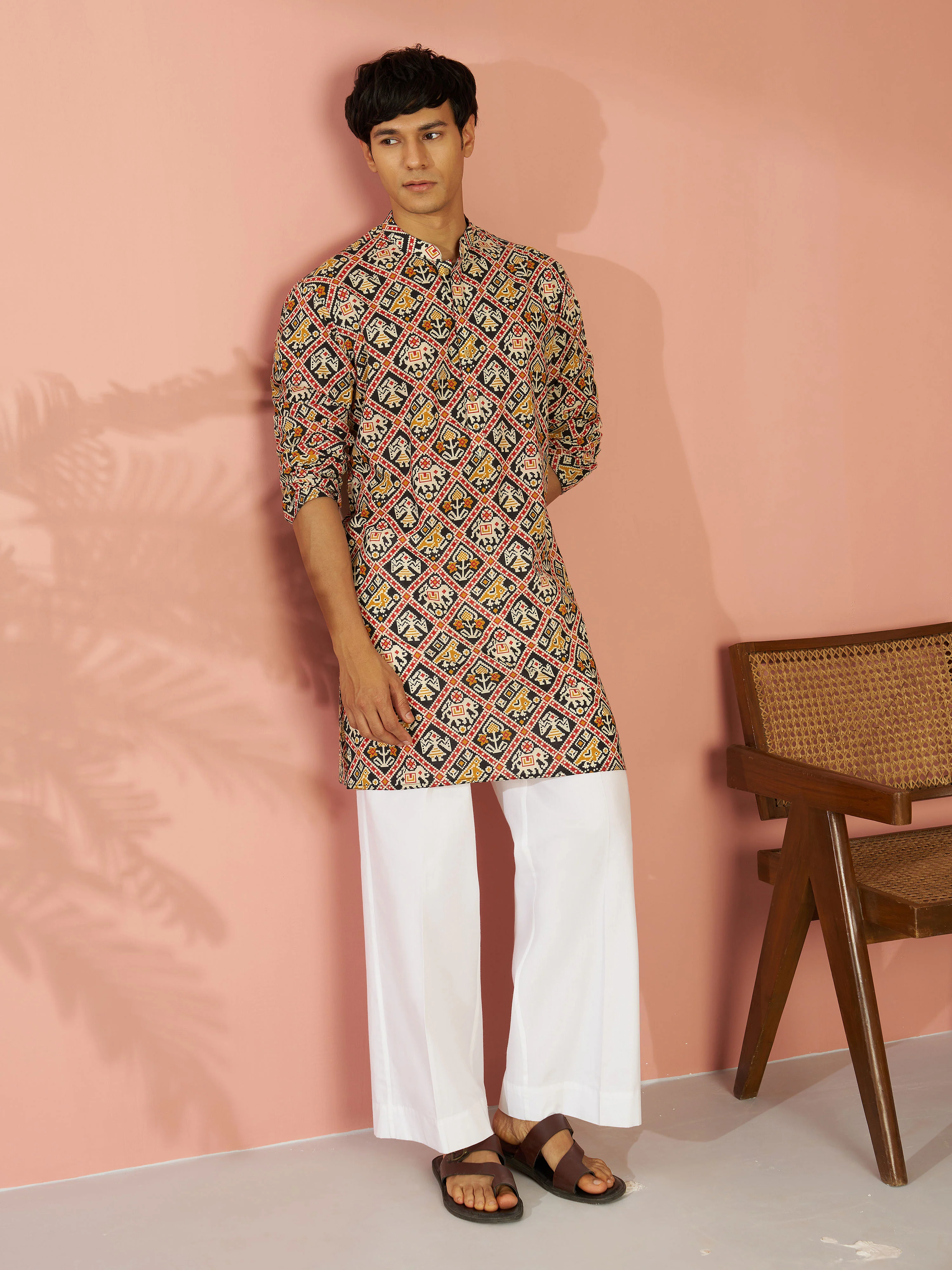 Men's Black Cotton Patola Printed Mid-Length Kurta - Image 6