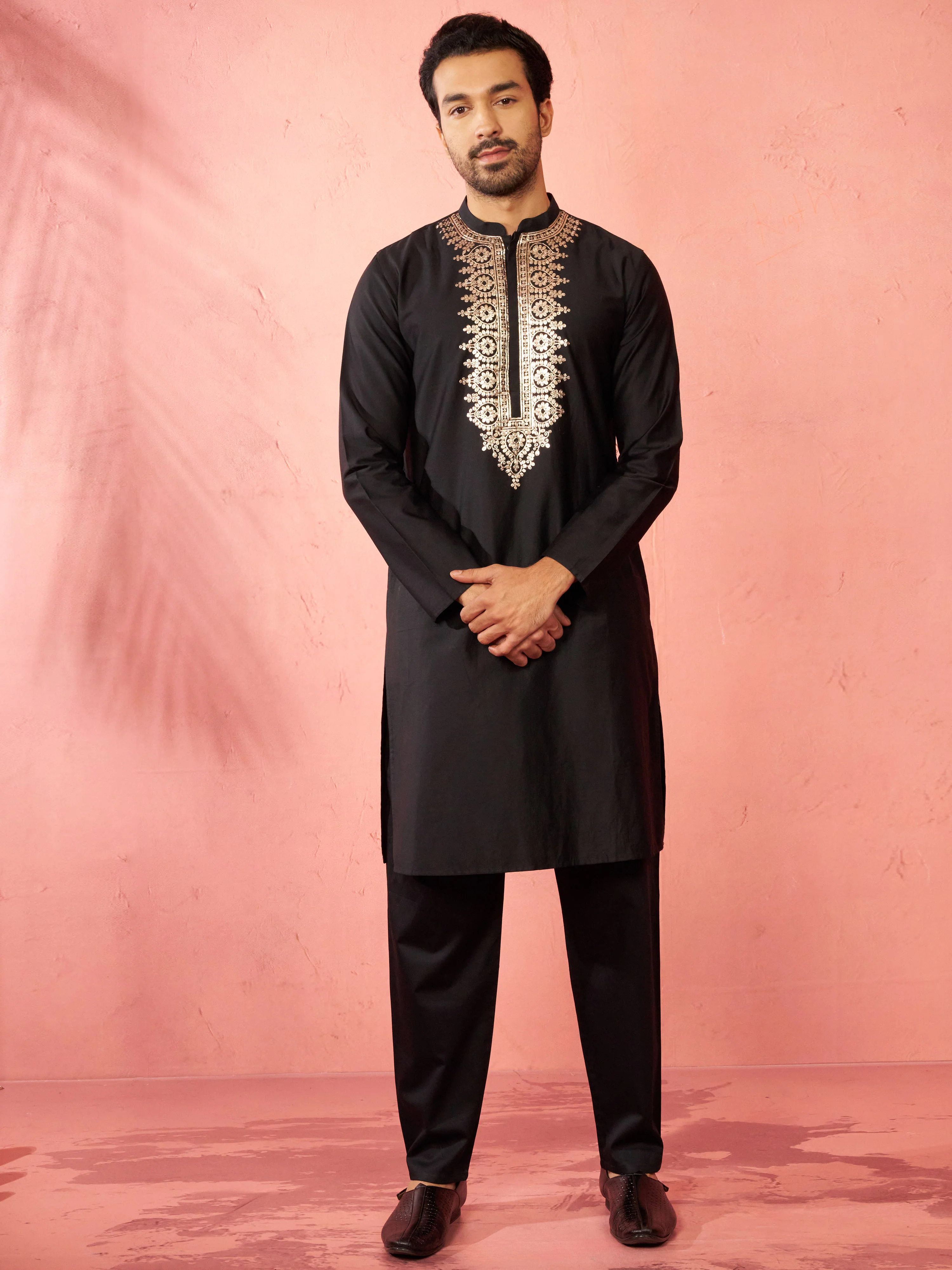Men's Black Fine Satin Hand Embroidered Kurta - Image 6