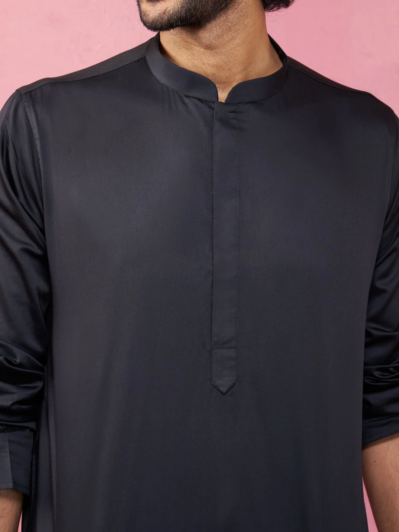 Men's Black Fine Satin Kurta - Image 3