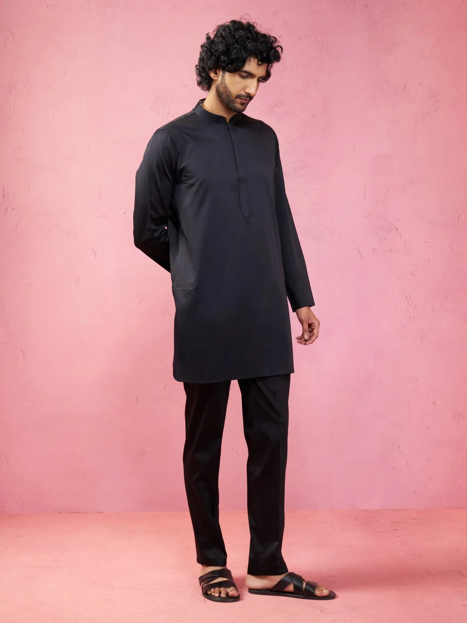 Men's Black Fine Satin Kurta Set with Matching Pant - Image 4