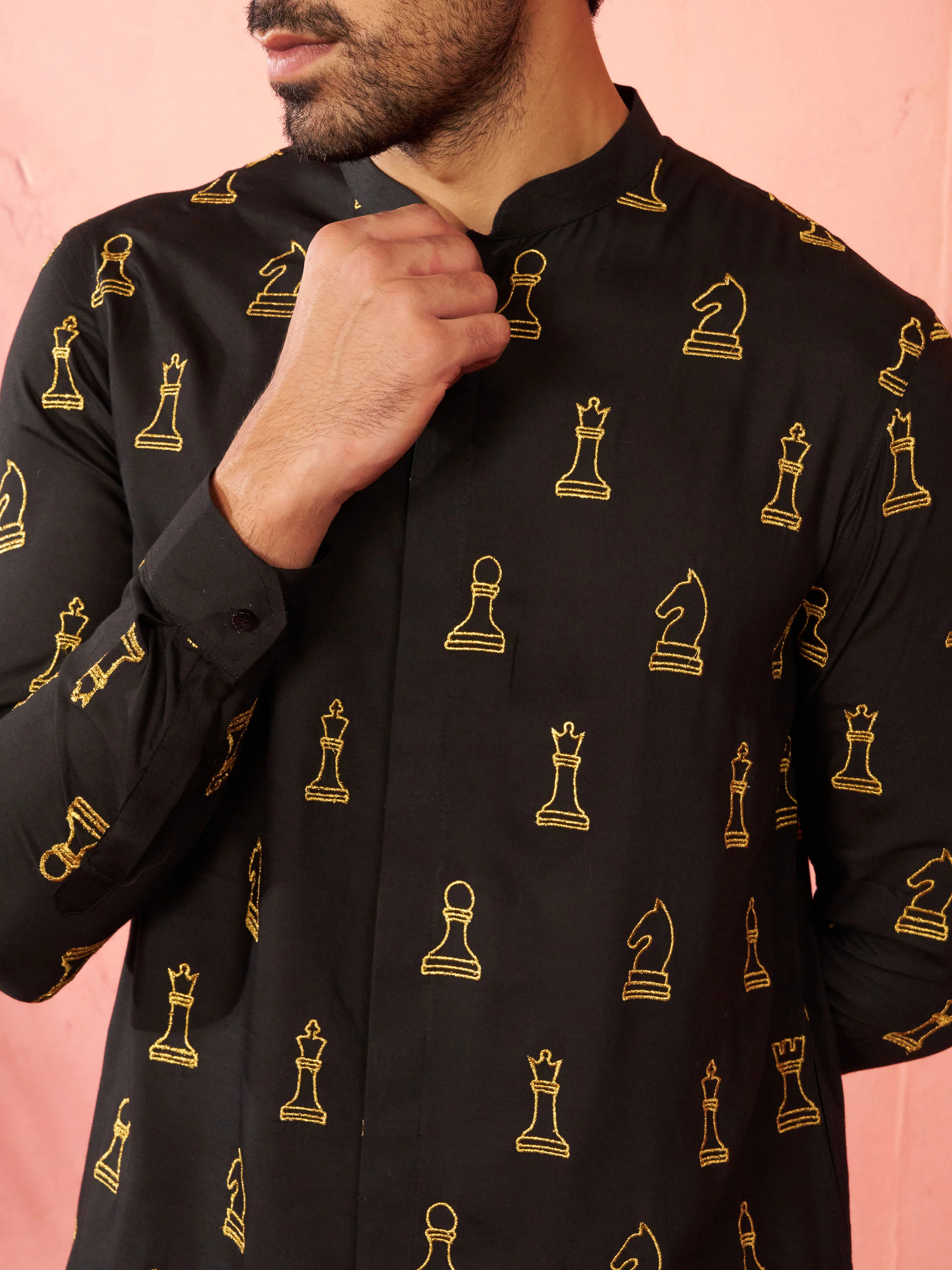 Men's Black Fine Satin Kurta with Cotton Lycra Pant - Image 2