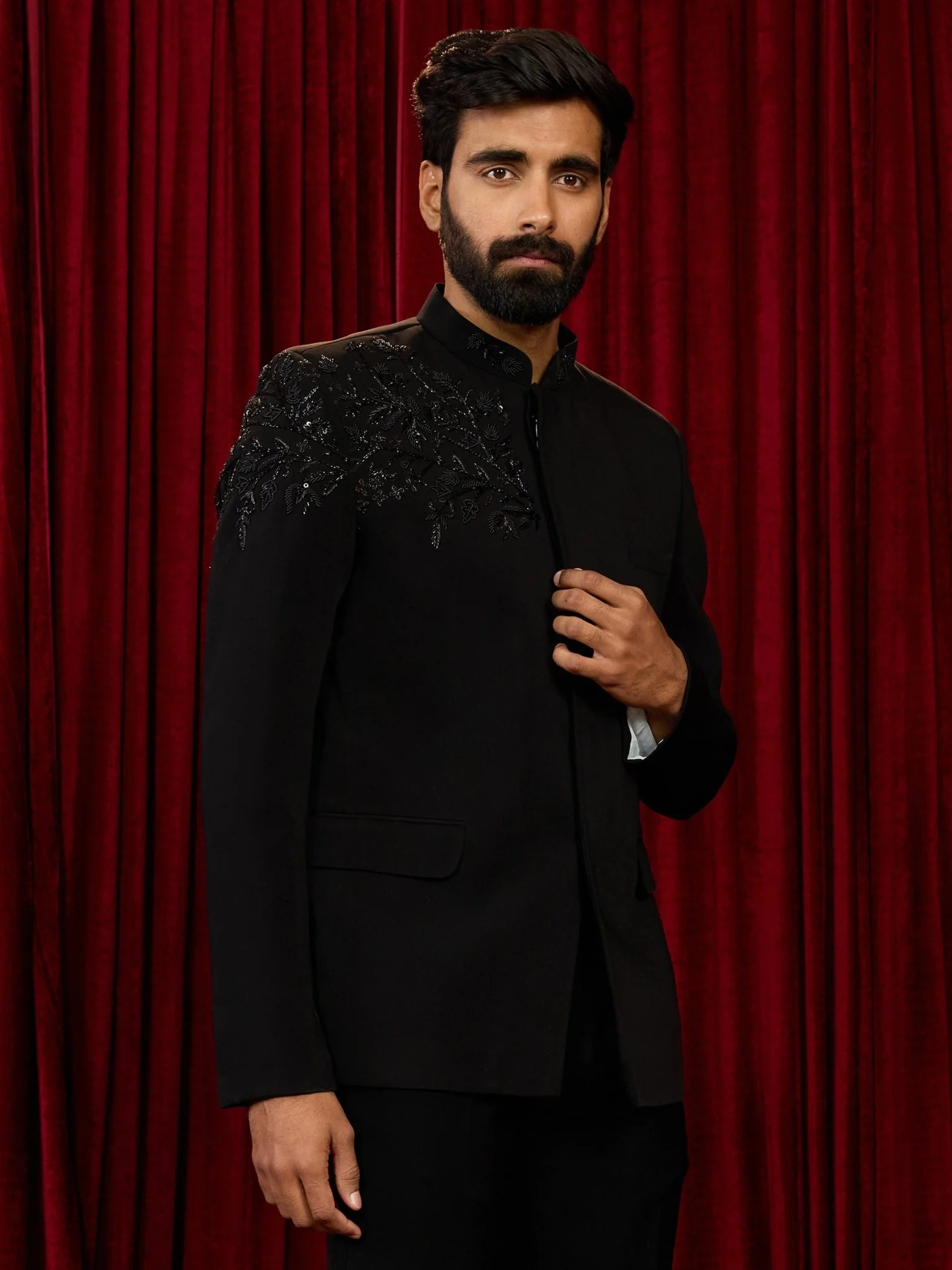 Men's Black Imported Suiting Floral Cutdana Stone Work Full Sleeve Jodhpuri Jacket - Image 4