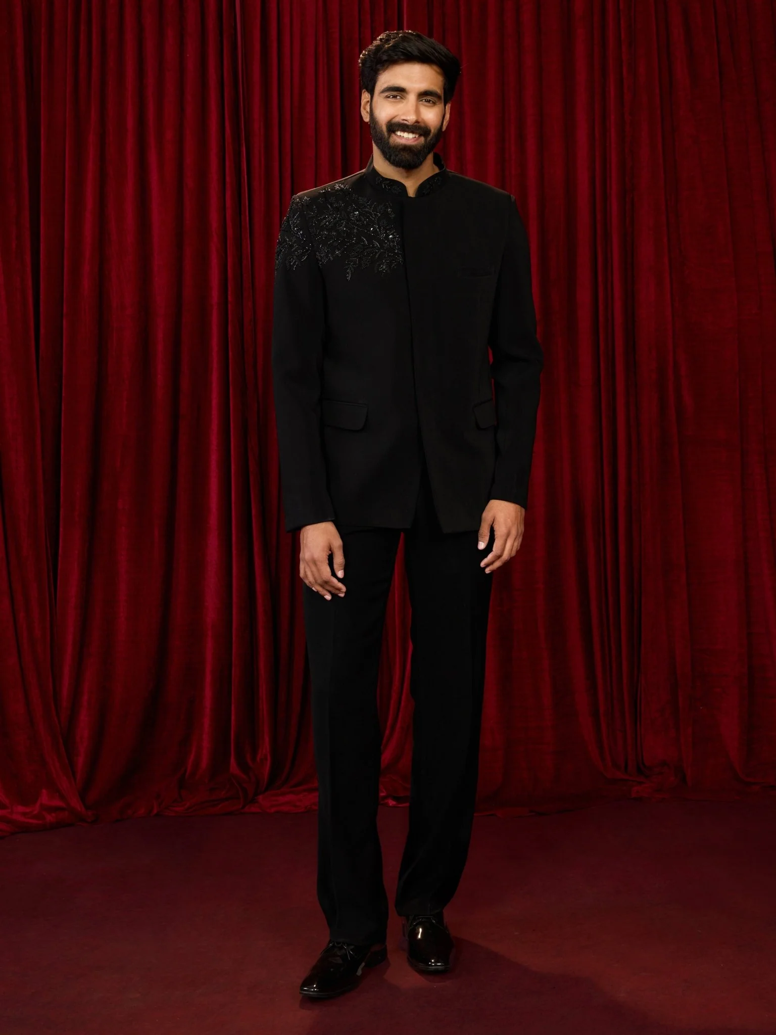 Men's Black Imported Suiting Floral Cutdana Stone Work Jodhpuri Jacket & Straight Pant Set - Image 3