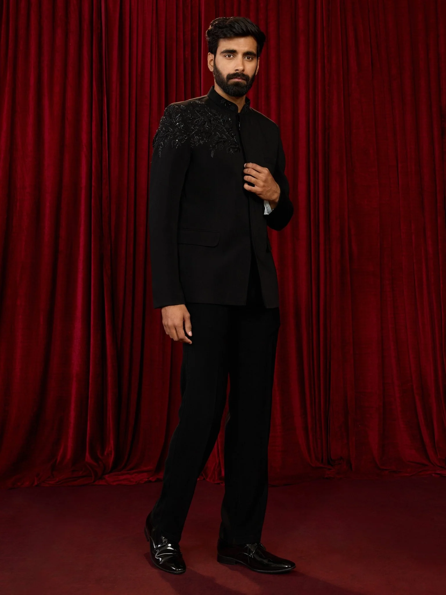 Men's Black Imported Suiting Floral Cutdana Stone Work Jodhpuri Jacket & Straight Pant Set - Image 4
