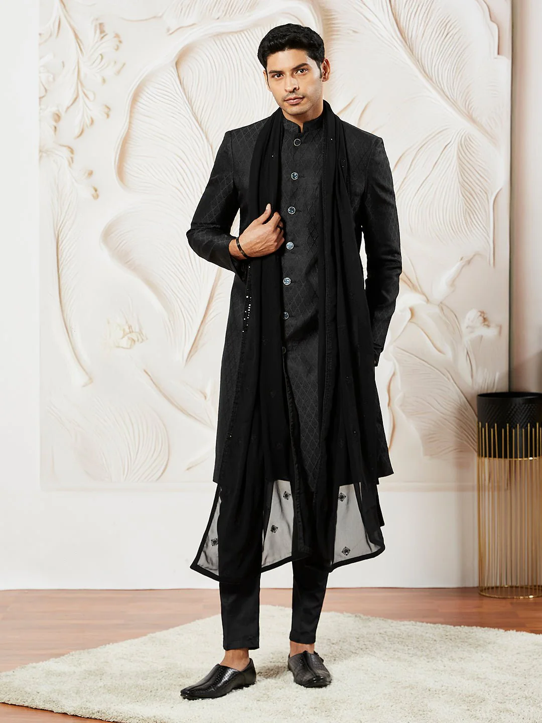 Men's Black Kalka Jacquard Sherwani Set with Kurta, Pyjama & Embroidered Georgette Dupatta - Image 2