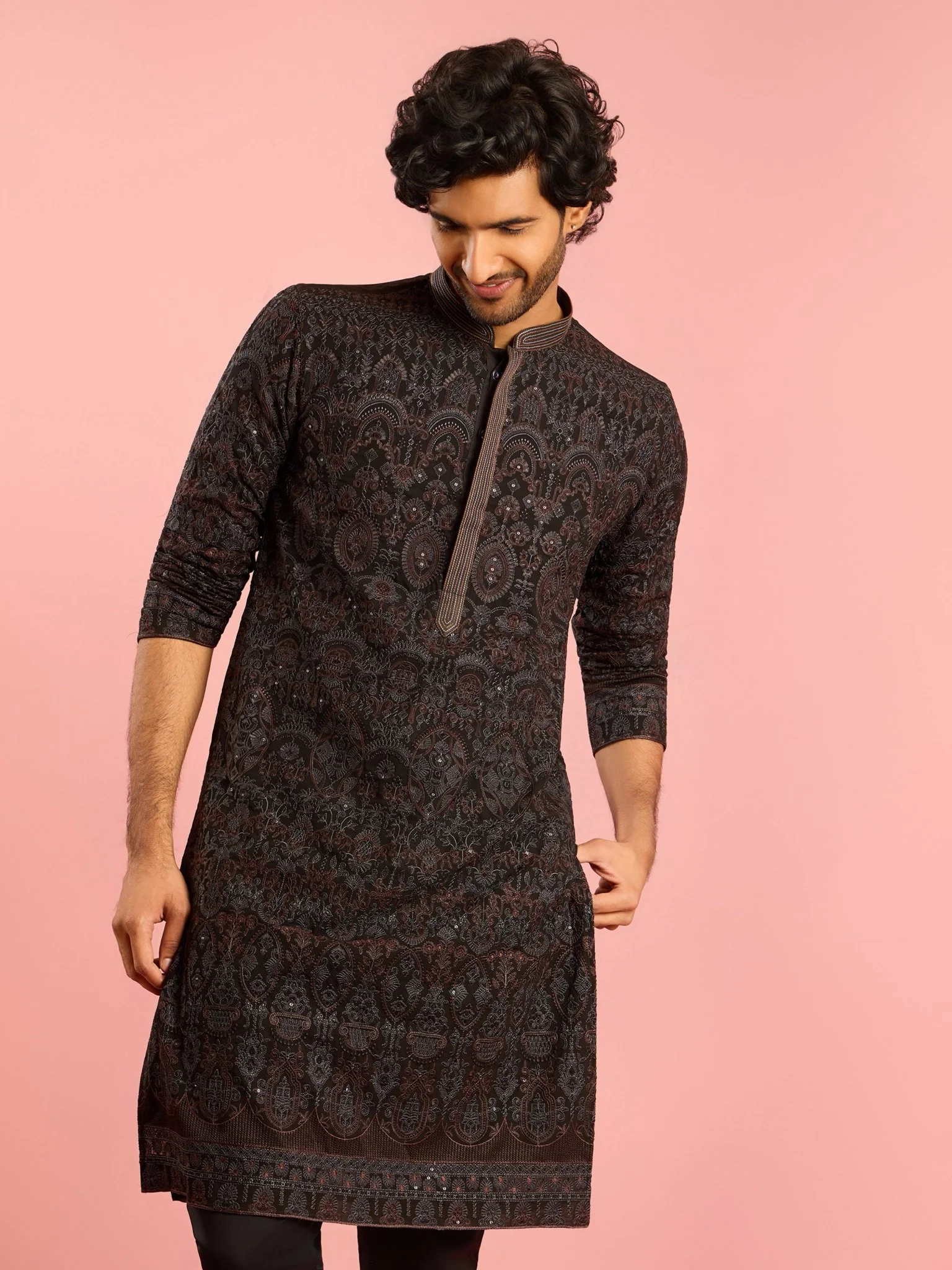 Men's Black Kashmiri Embroidered Georgette Kurta - Image 3