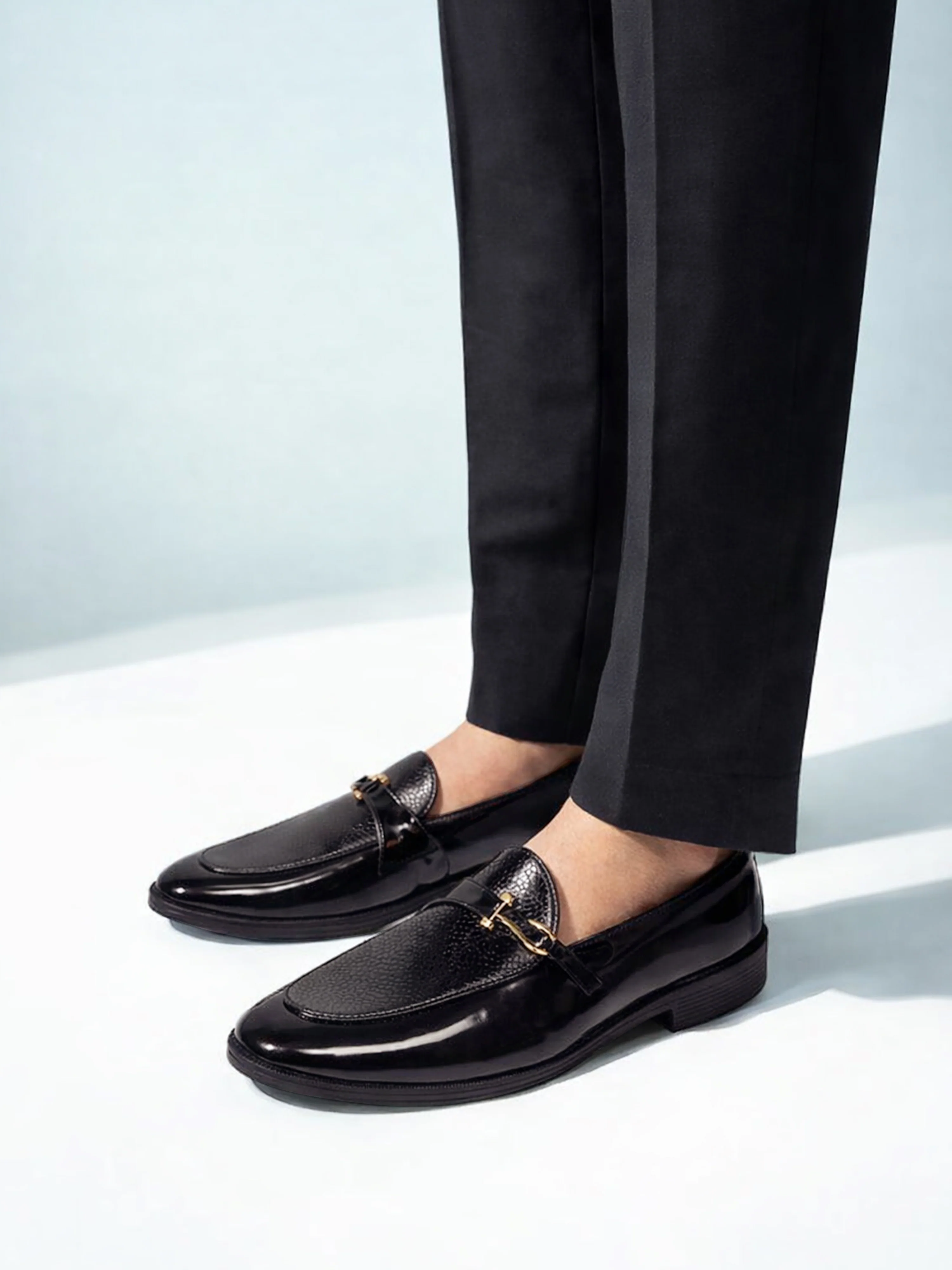 Men's Black Patent Croc-Embossed Buckle Loafer | Brass-Toned Metallic Strap | High-Shine Finish | Almond Toe | Airmix Sole - Image 3