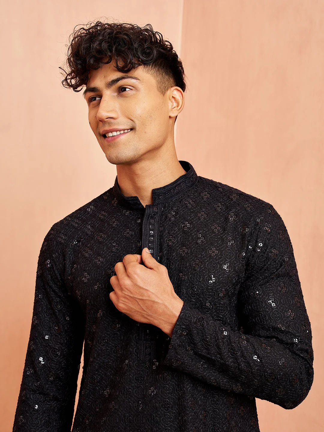 Men's Black Rayon Chikankari Sequin Embroidered Kurta Pyjama Set - Image 2
