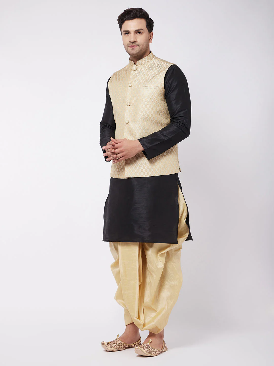 Men's Black Silk Blend Jacket With Kurta Dhoti Set - Image 3