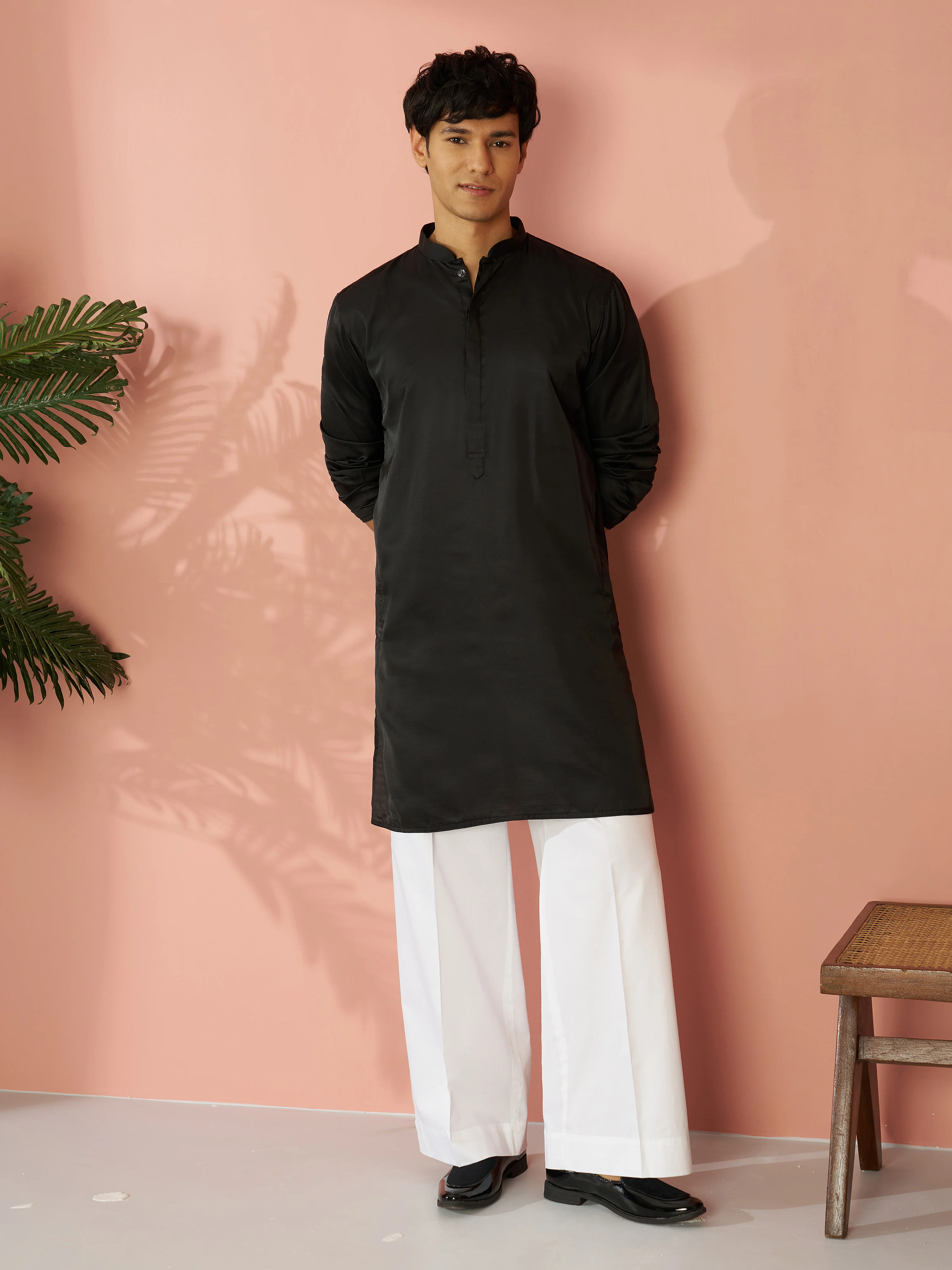Men's Black Silk Blend Solid Kurta with Cream Fine Satin Wide Leg Pant Set