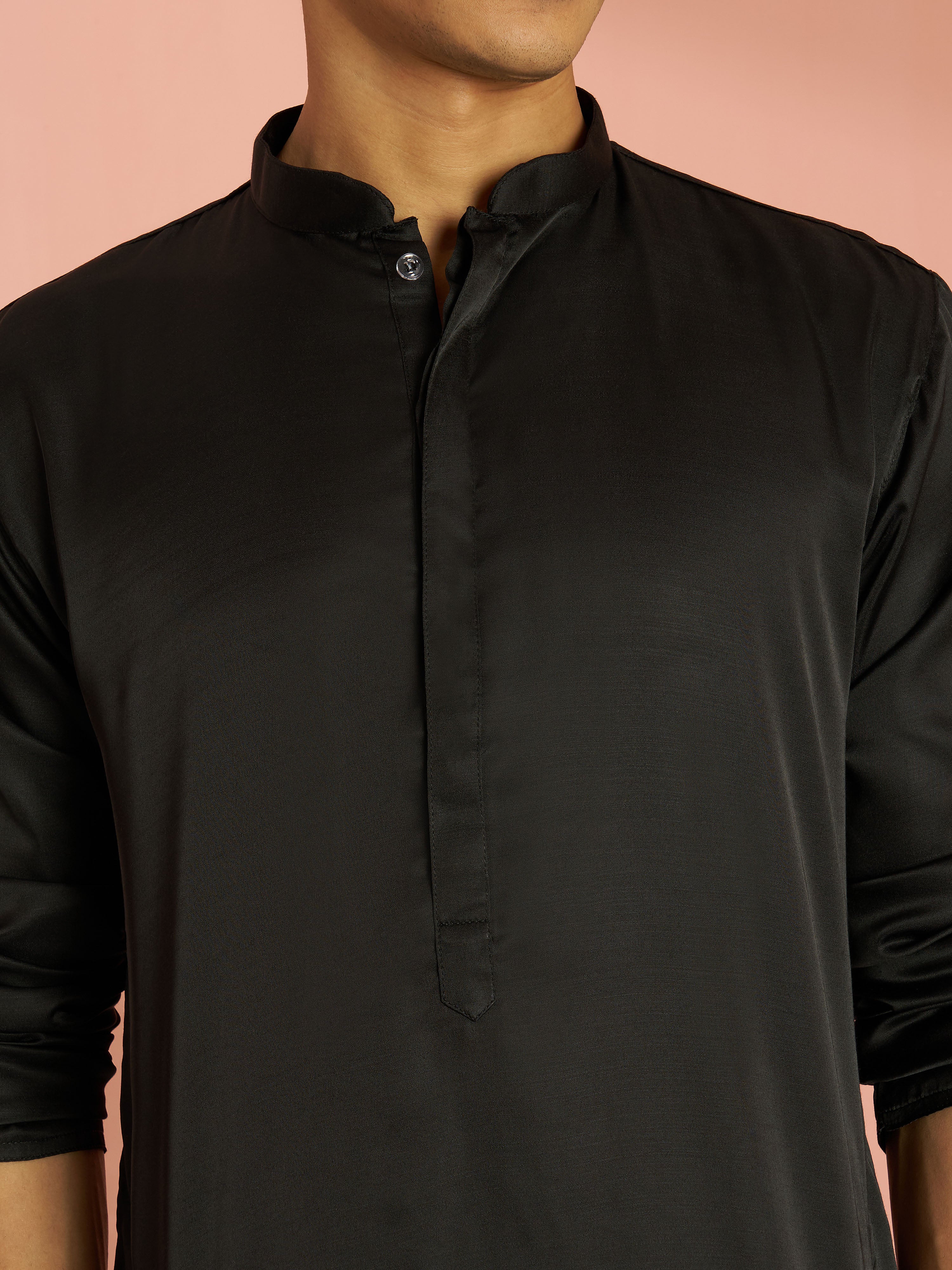 Men's Black Silk Blend Solid Kurta with Cream Fine Satin Wide Leg Pant Set - Image 2