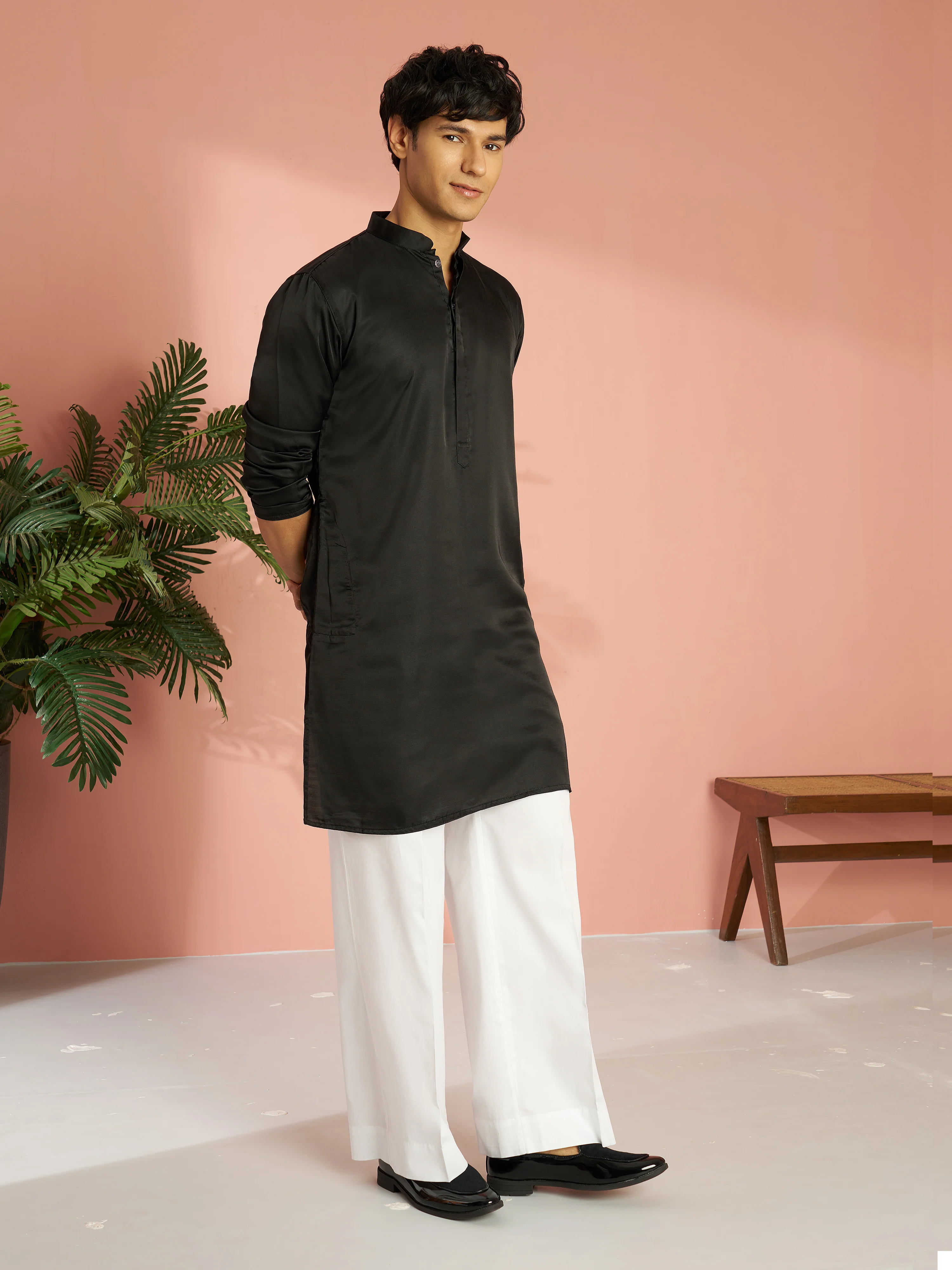 Men's Black Silk Blend Solid Kurta with Cream Fine Satin Wide Leg Pant Set - Image 3