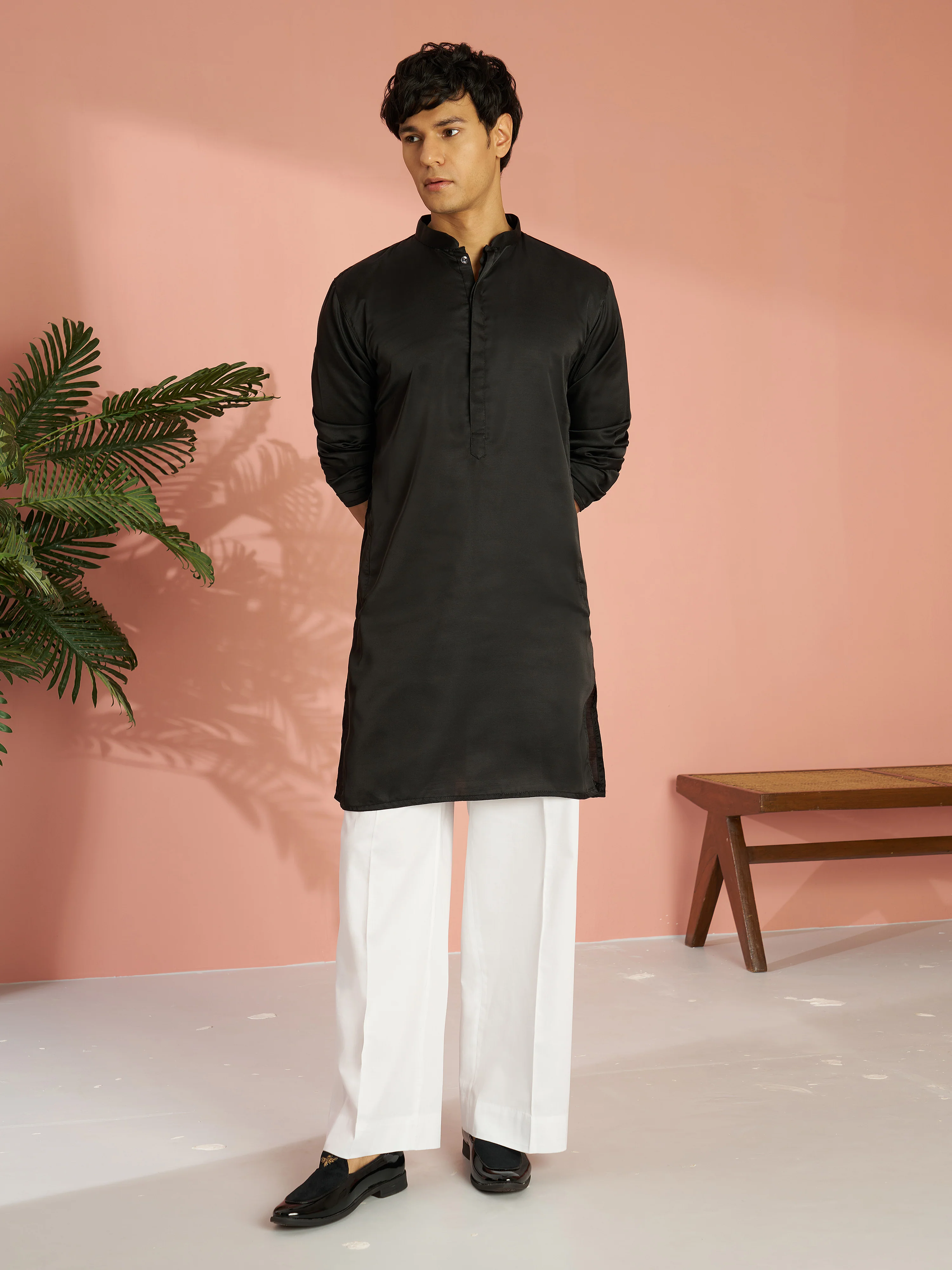 Men's Black Silk Blend Solid Kurta with Cream Fine Satin Wide Leg Pant Set - Image 4