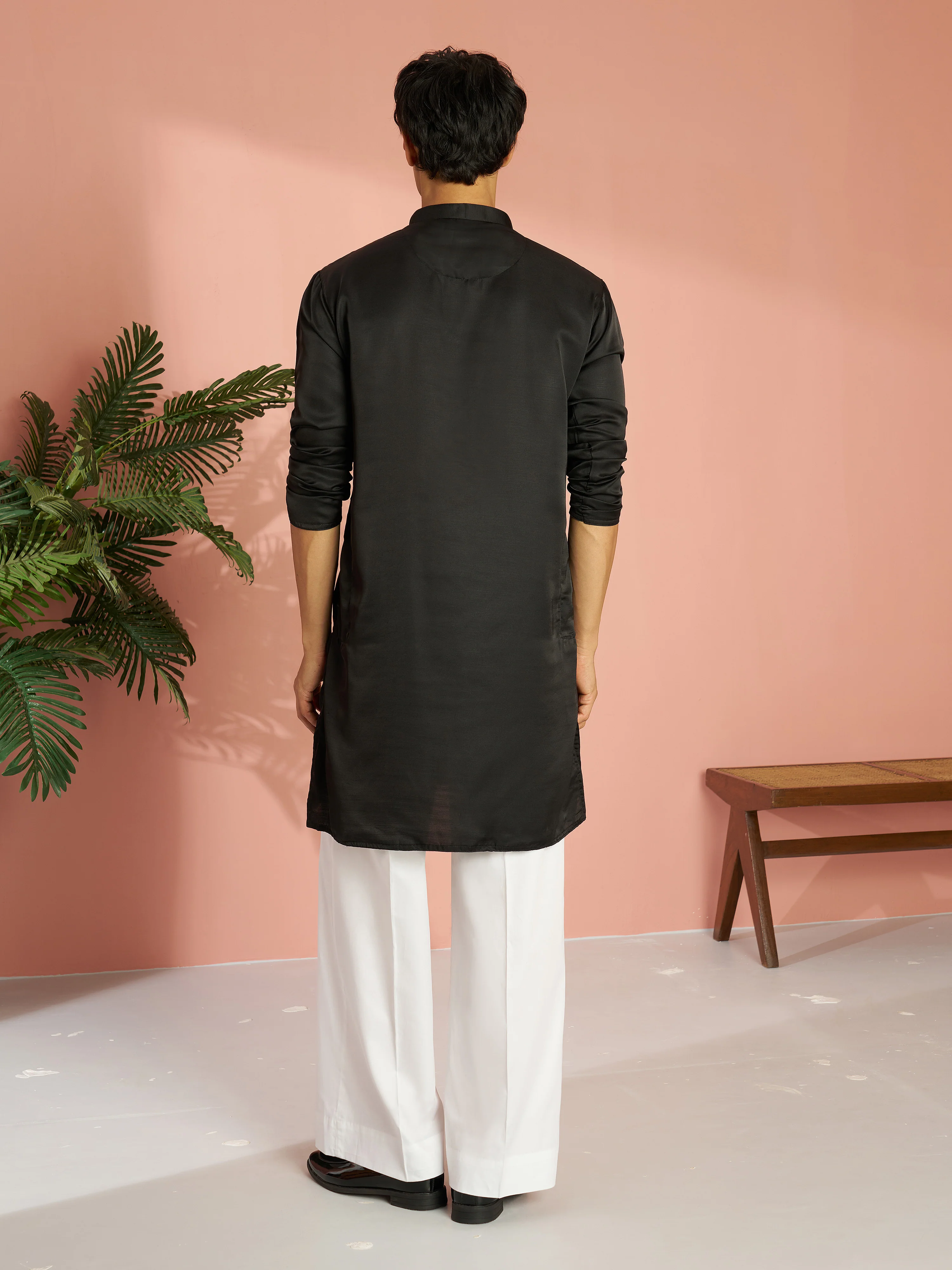 Men's Black Silk Blend Solid Kurta with Cream Fine Satin Wide Leg Pant Set - Image 5