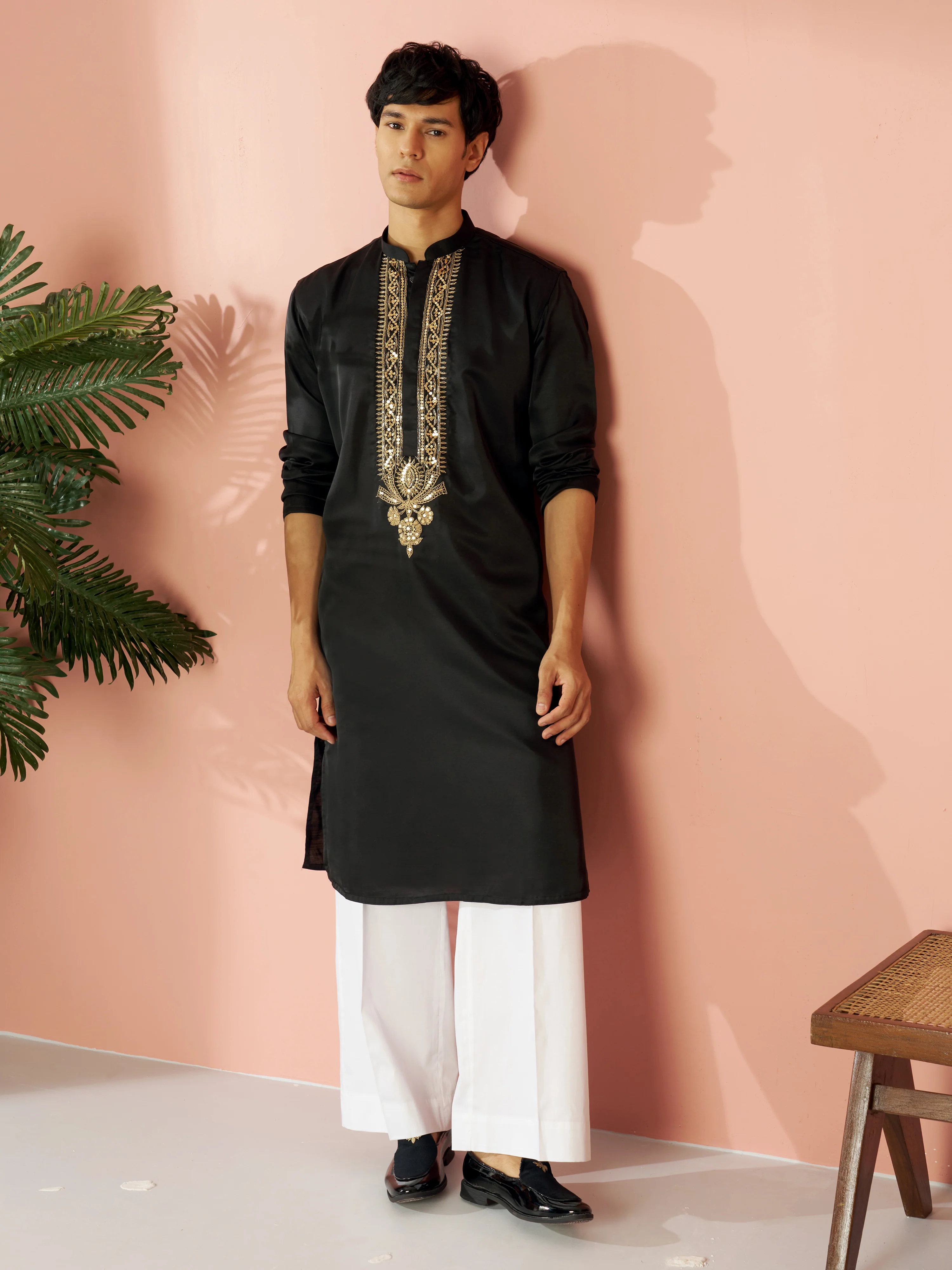Men's Black Silk Blend Zari Embroidered Kurta with Cream Fine Satin Wide Leg Pant Set