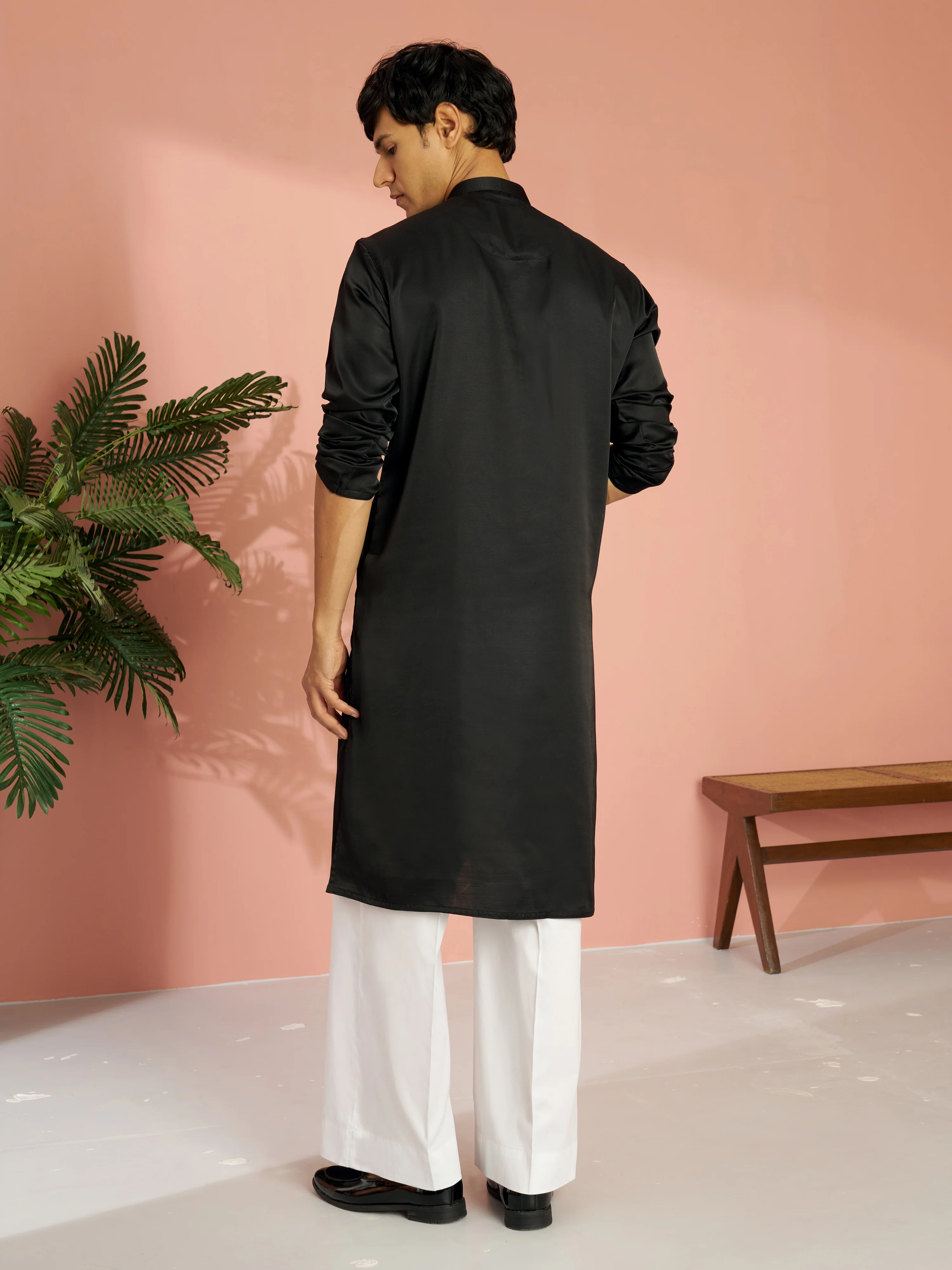 Men's Black Silk Blend Zari Embroidered Kurta with Cream Fine Satin Wide Leg Pant Set - Image 5
