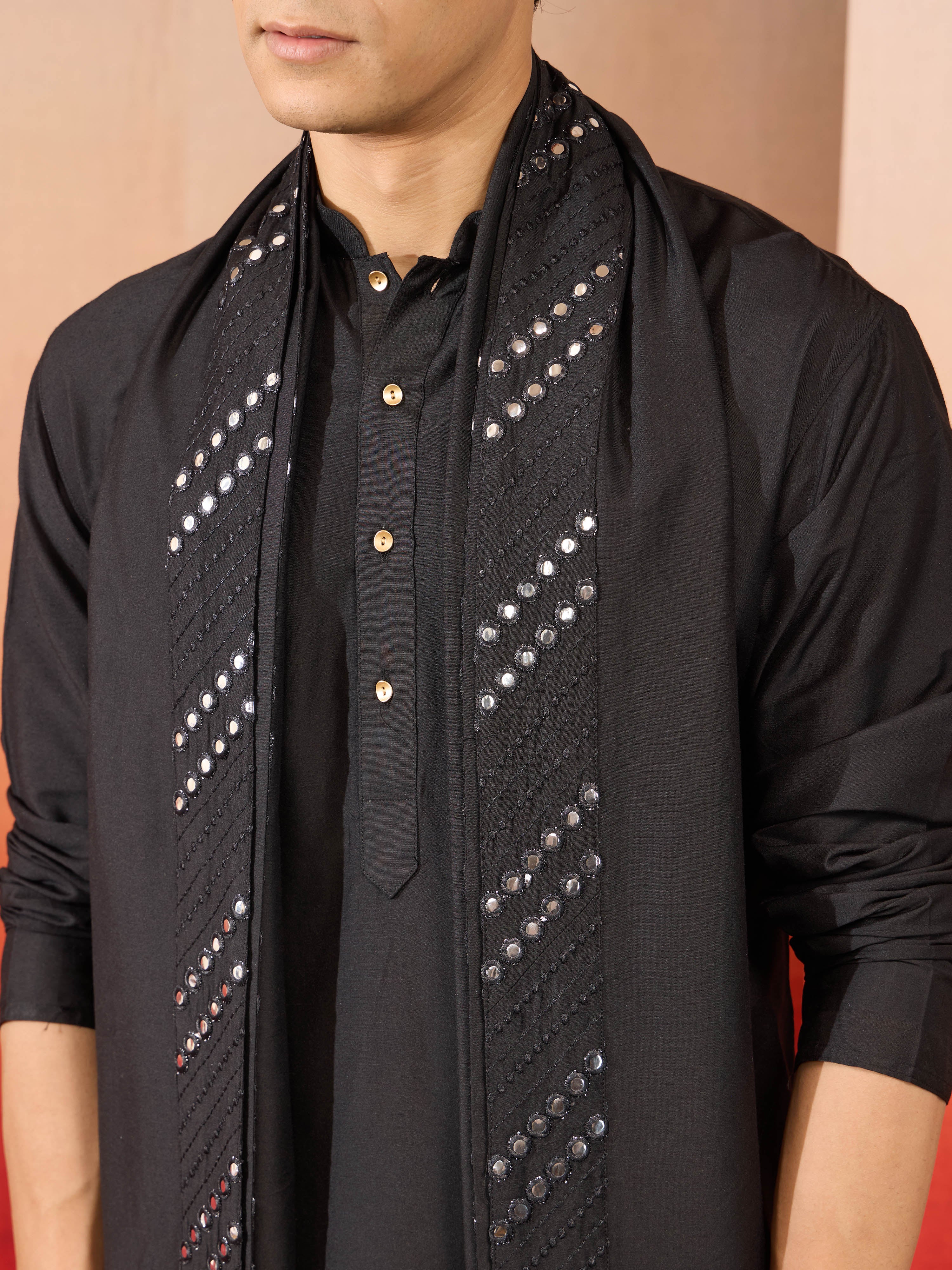 Mens Black Silk Kurta Set with Pant and Mirror Work Dupatta - Image 2