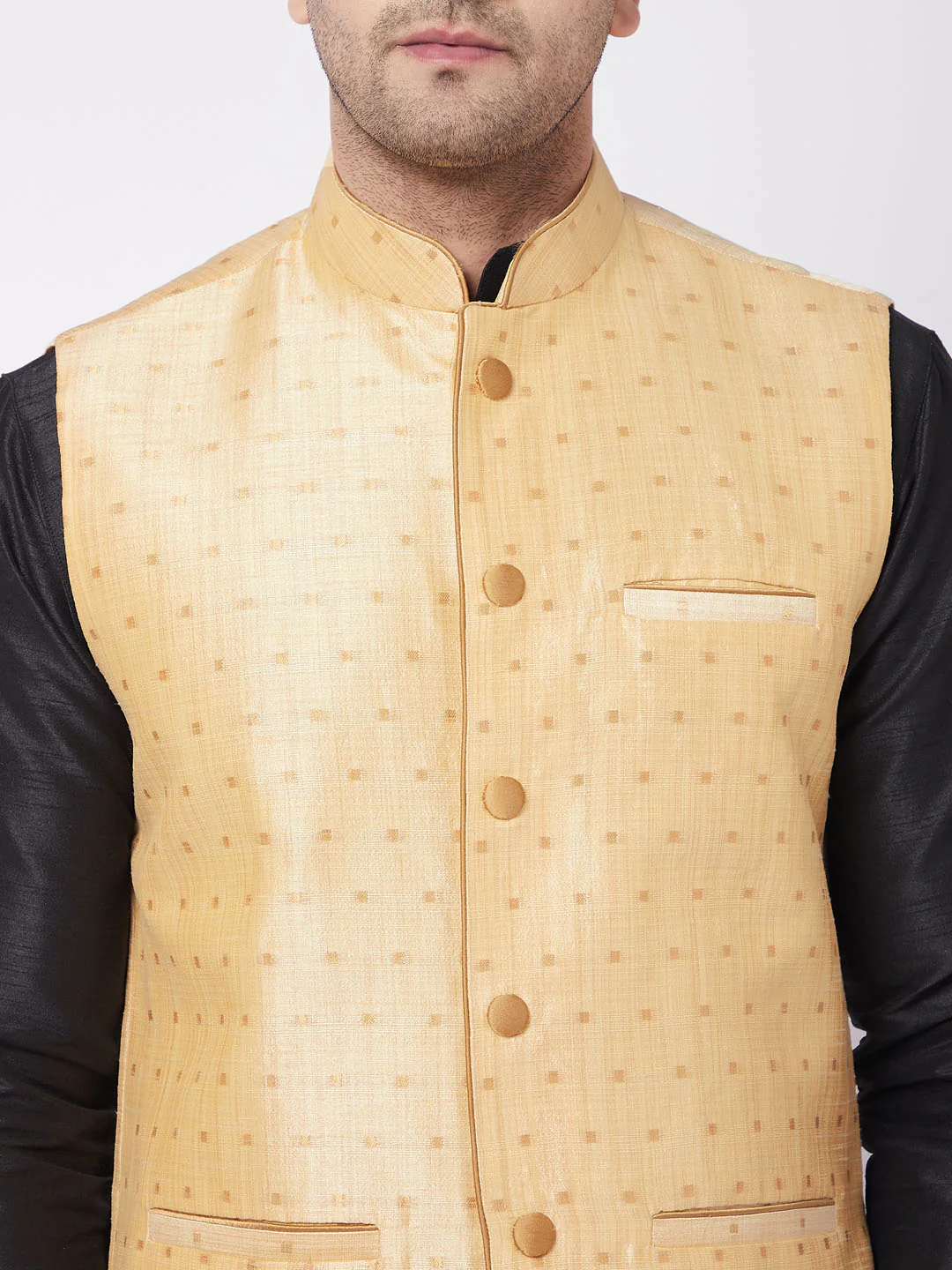 Men's Gold Zari Weaved Jacket With Kurta Dhoti Set - Image 5