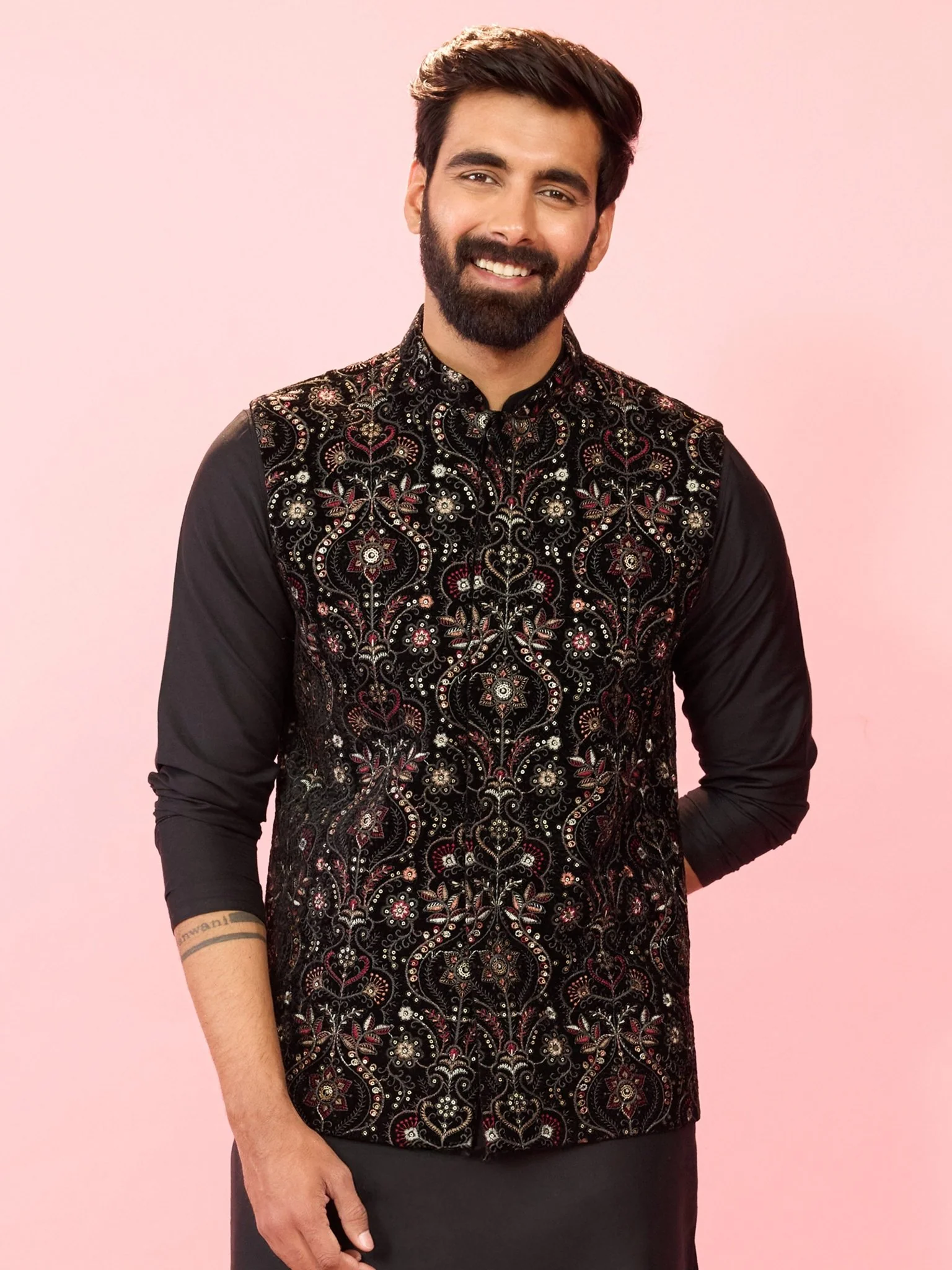 Men's Black Velvet Ethnic Motif Floral Thread Sequin Nehru Jacket - Image 3