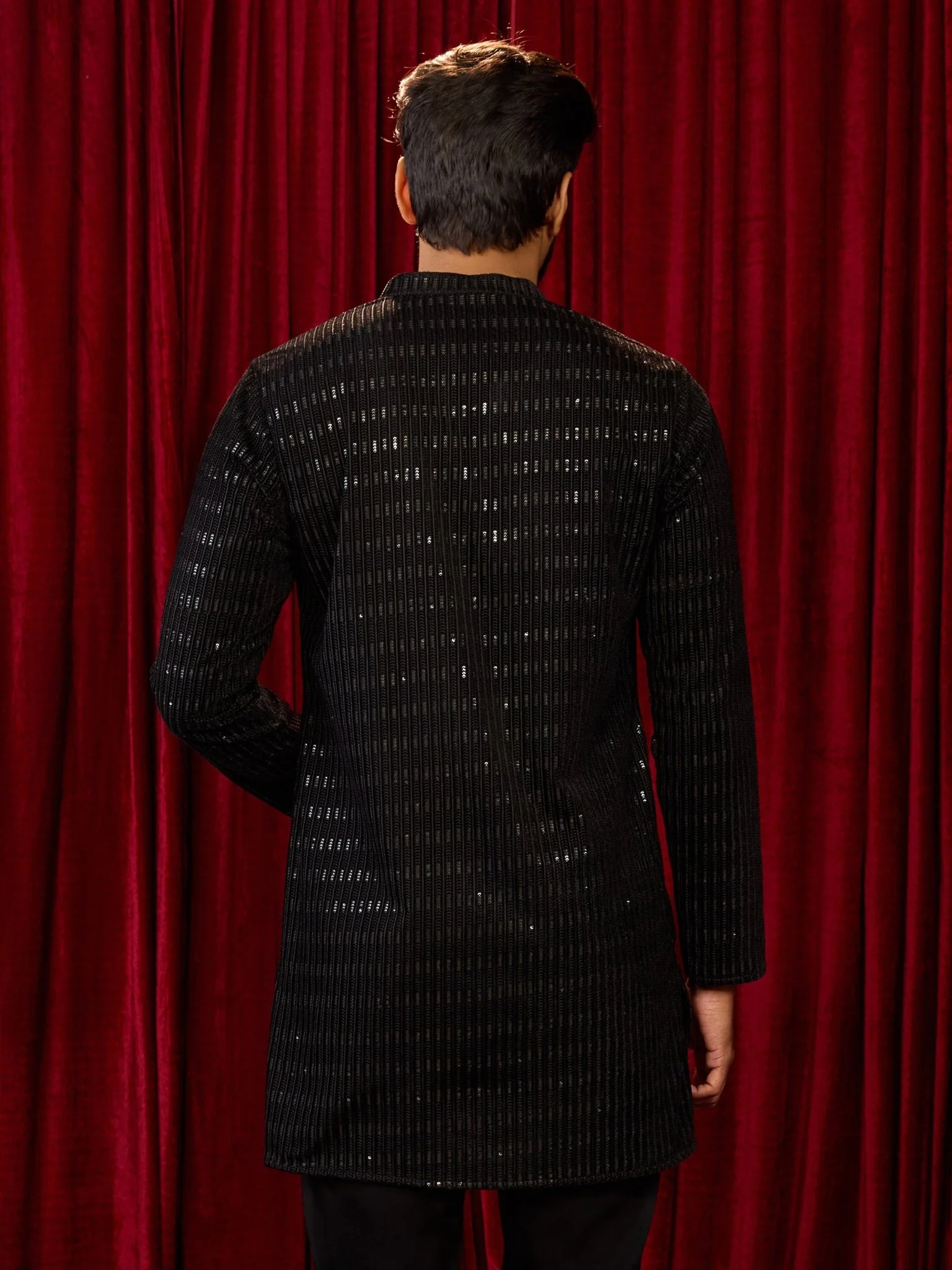 Men's Black Velvet Geometric Thread Sequin Embroidered Long Kurta - Image 5