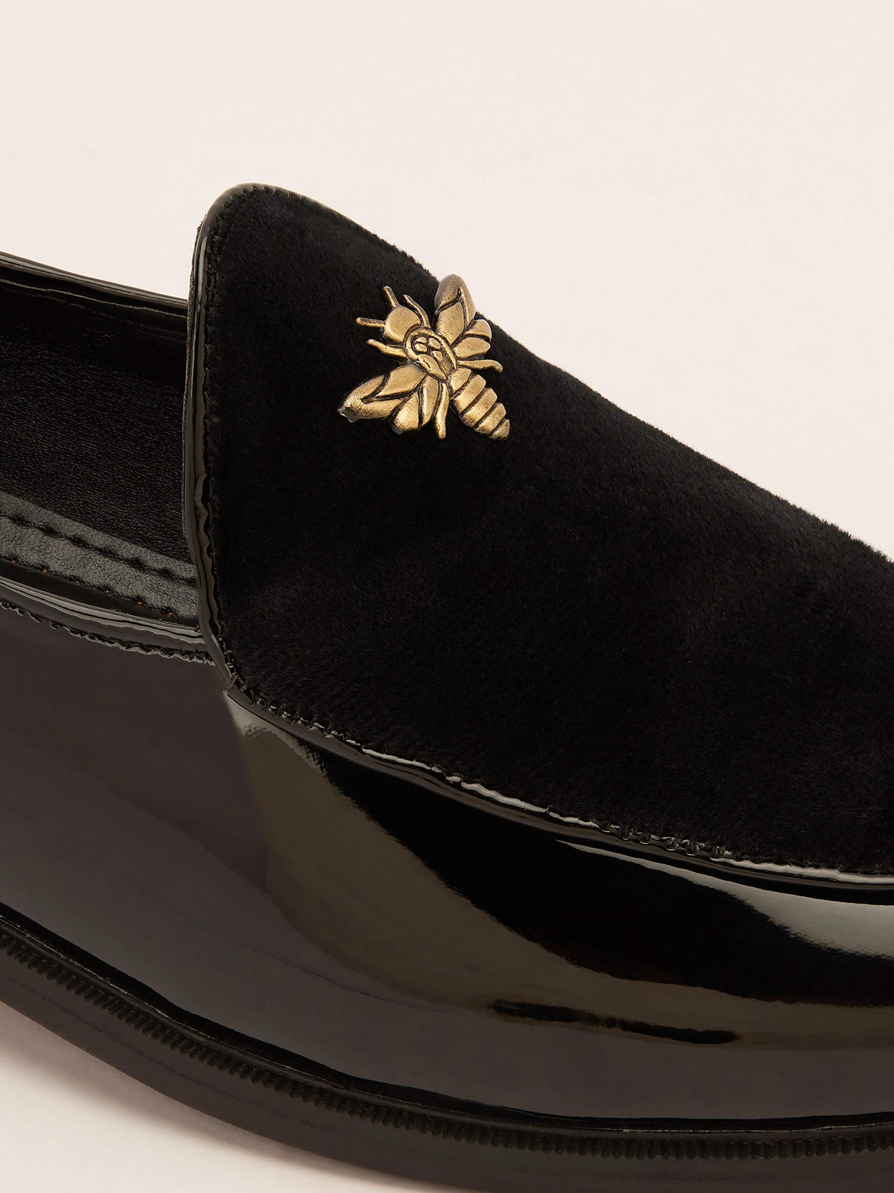 Men's Black Velvet-Patent Loafer | Antiqued Brass Honeybee Charm | High-Gloss Patent Sides | Almond Toe | TPR Sole | All Season - Image 2