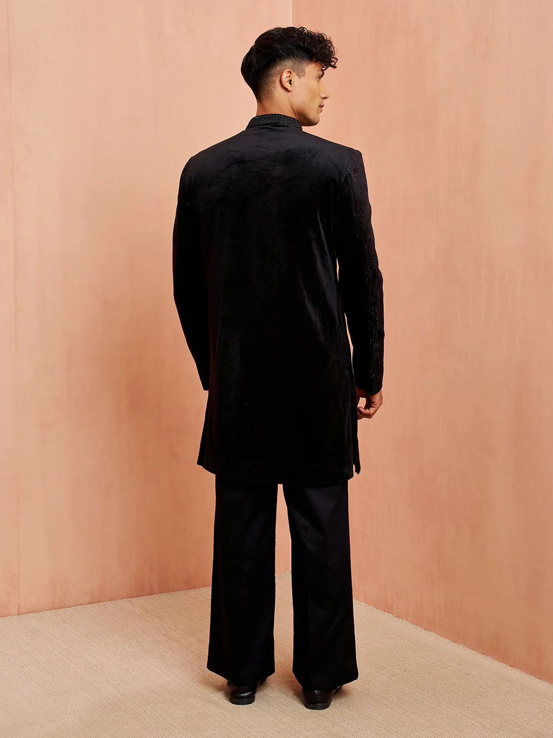 Mens Black Velvet Sherwani with Palazzo Set - Image 5