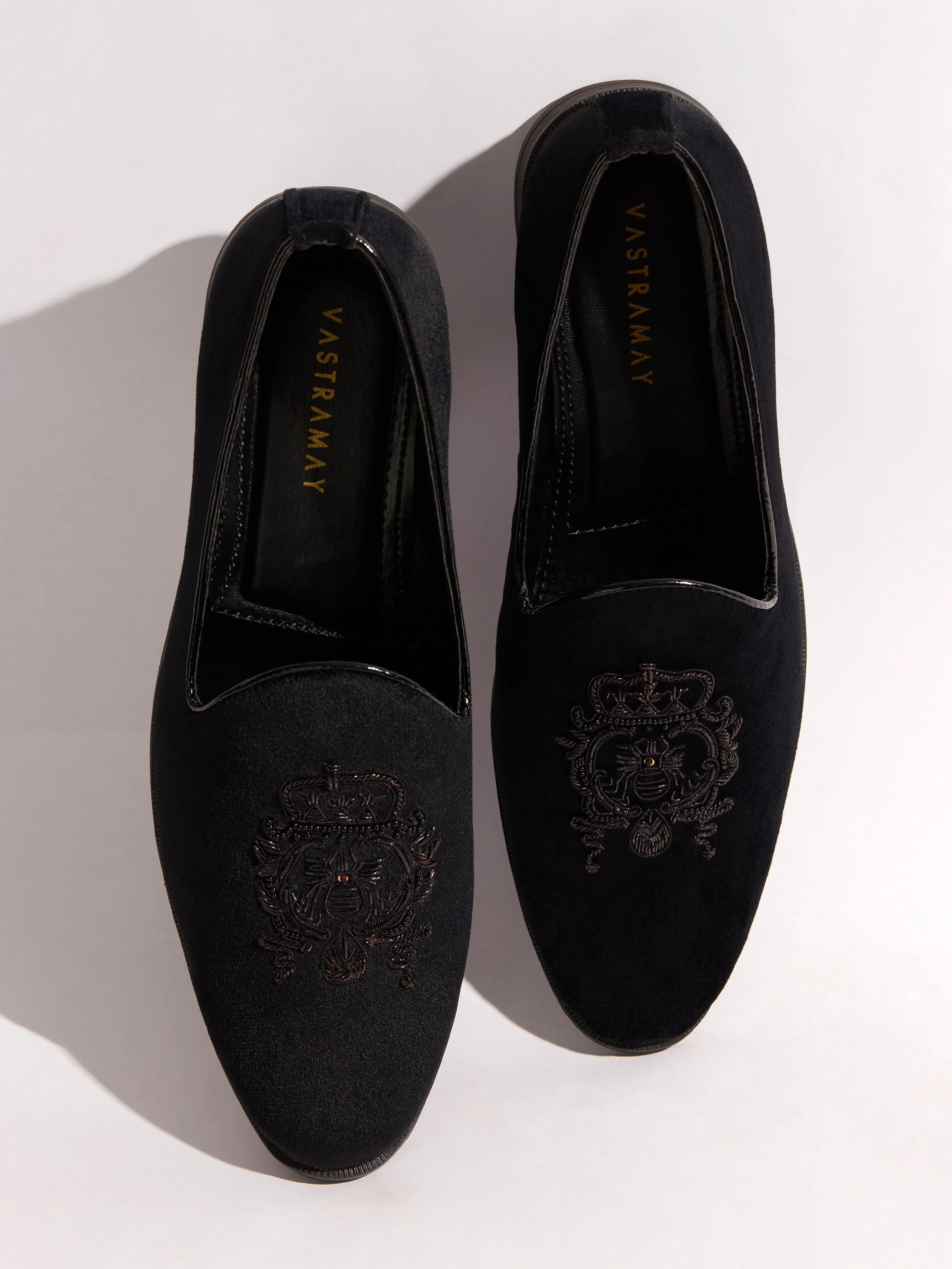 Men's Black Velvet Zardozi Embroidered Loafer | Crown & Crest Motif | Black Beads | TPR Sole