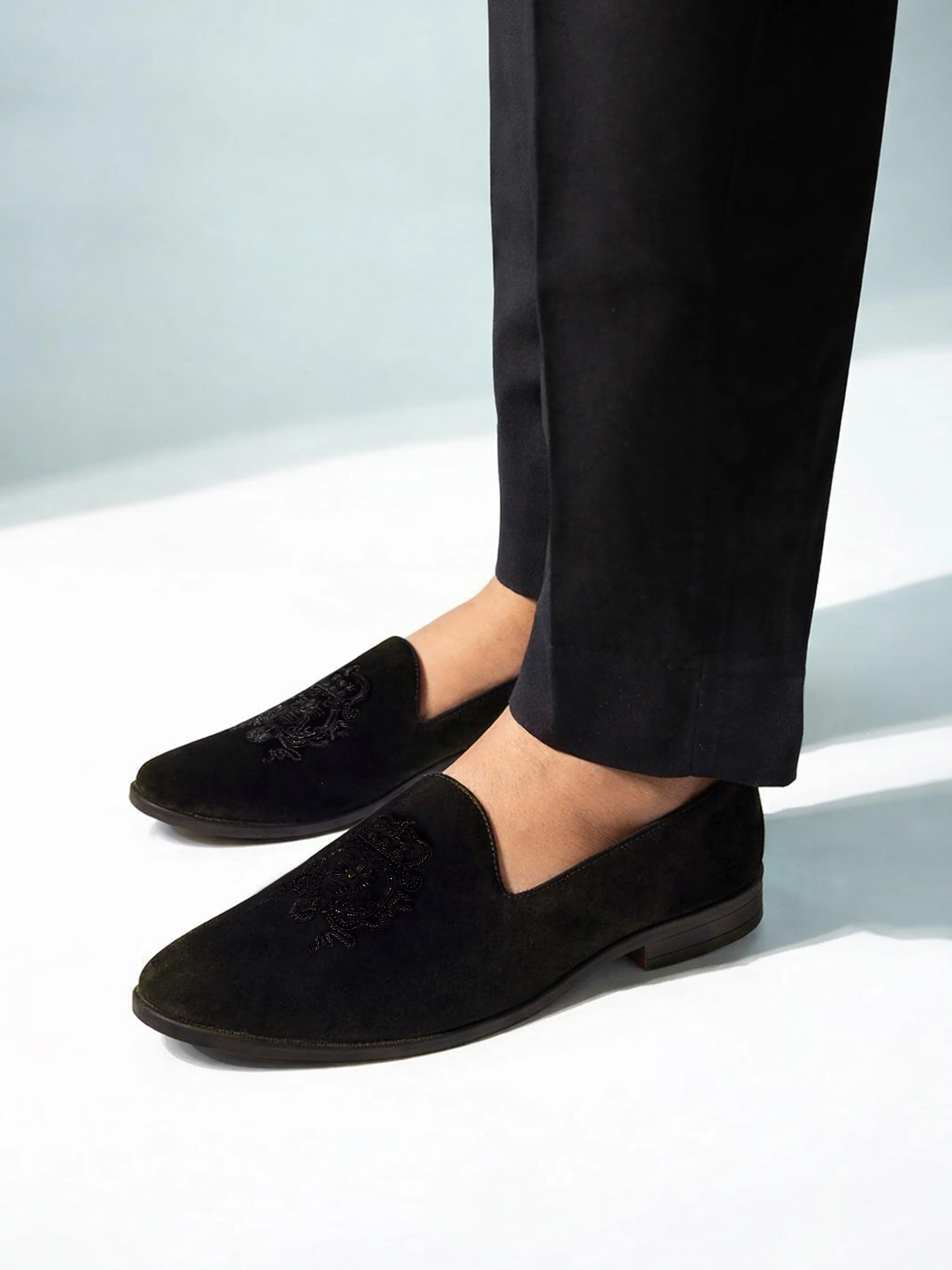Men's Black Velvet Zardozi Embroidered Loafer | Crown & Crest Motif | Black Beads | TPR Sole - Image 3