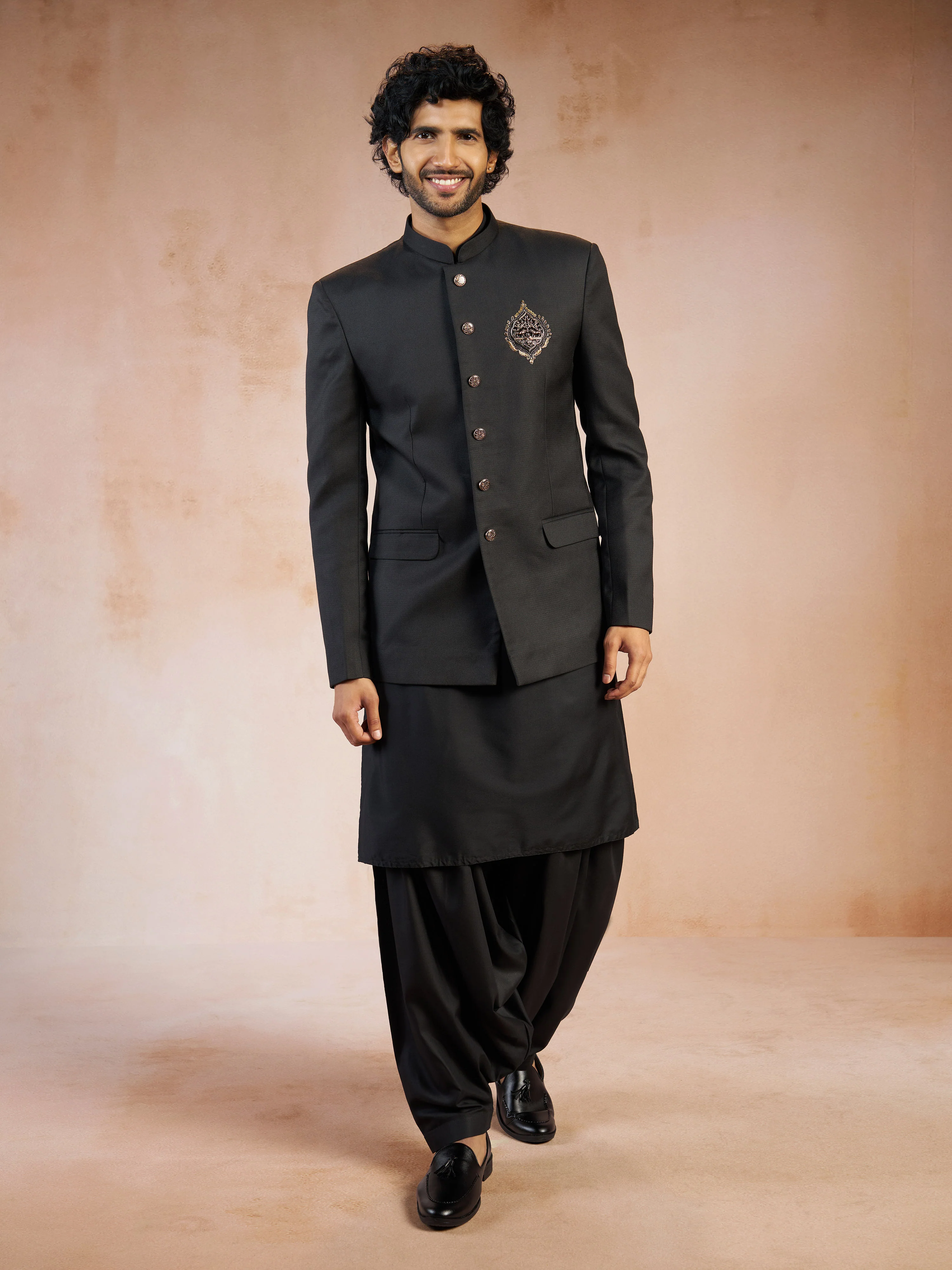 Men's Black Zardozi Sequin Embroidery Jodhpuri Jacket with Kurta & Patiala Set - Image 3