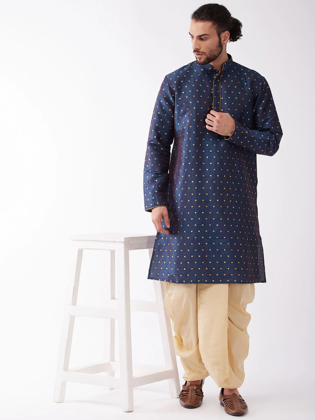 Men's Blue Zari Weaved Kurta Dhoti Set - Image 7