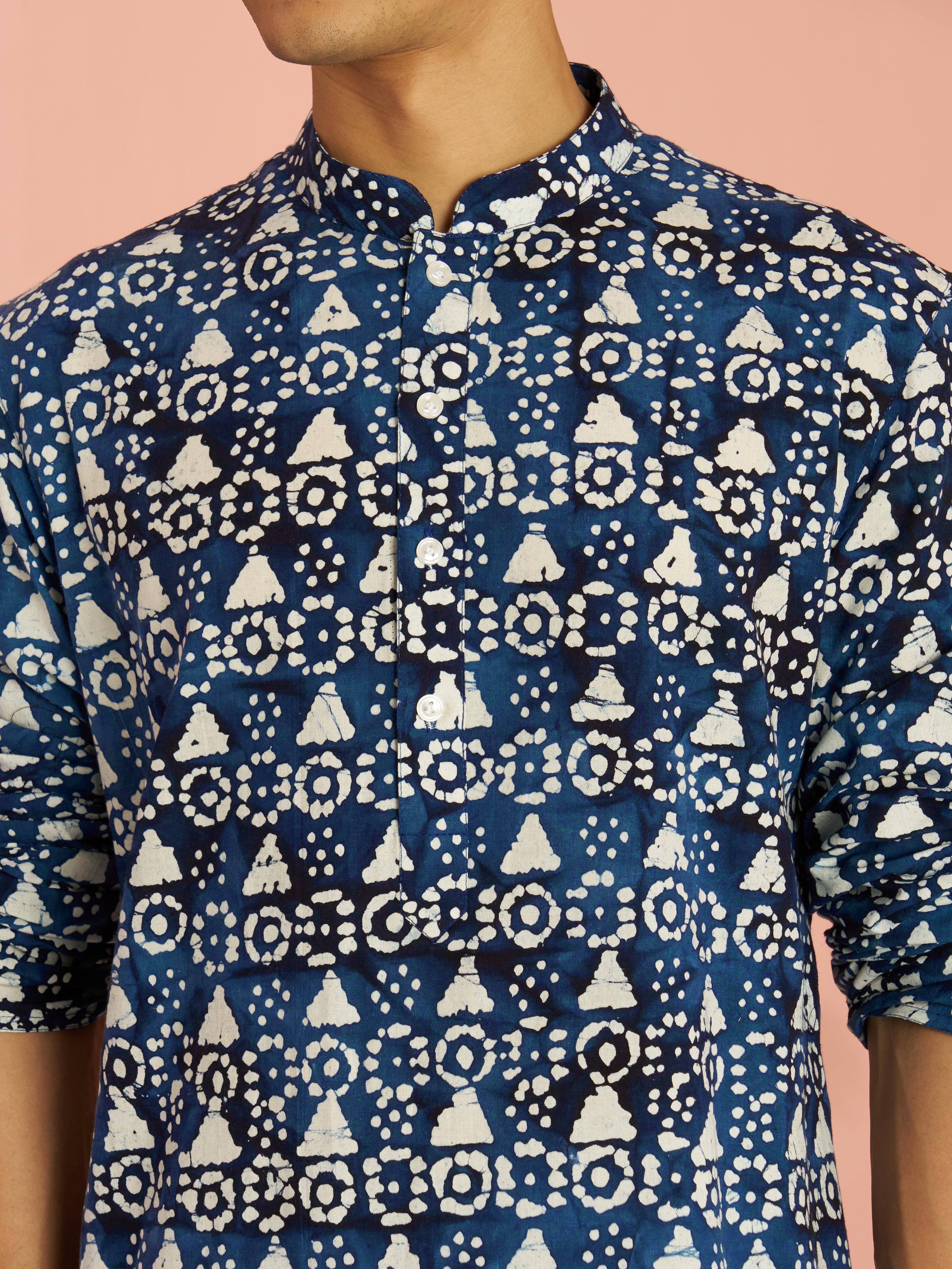Men's Blue Cotton Batik Printed Kurta with White Wide Leg Pant Set - Image 2