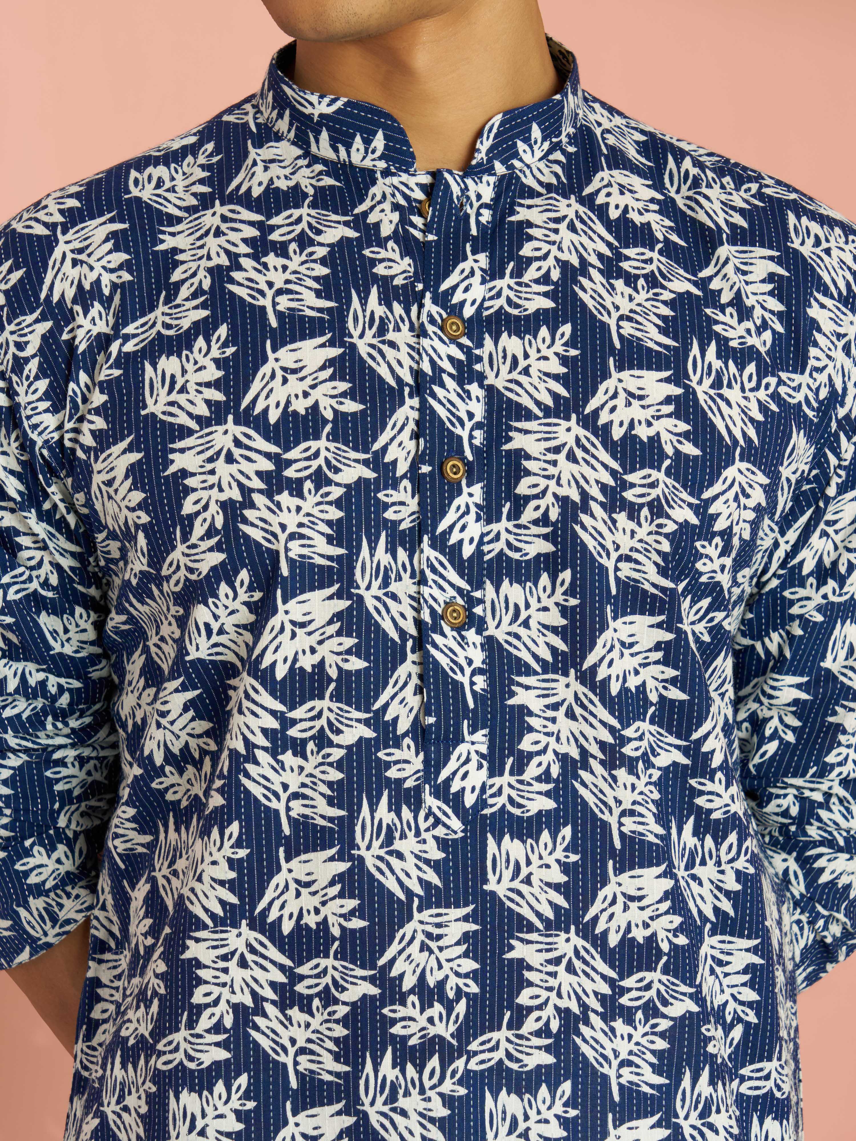 Men's Blue Cotton Floral Printed & Embroidered Mid-Length Kurta - Image 2