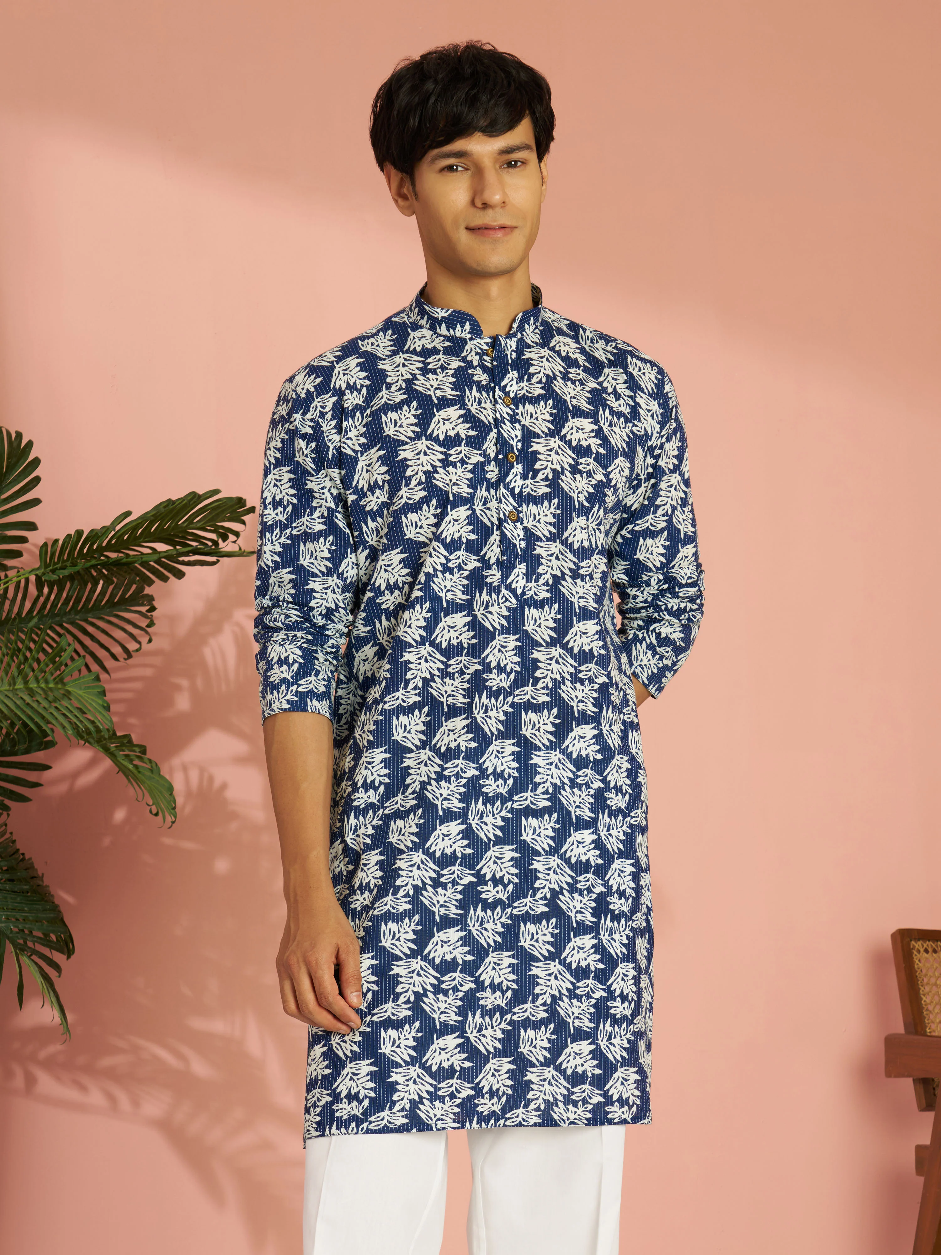 Men's Blue Cotton Floral Printed & Embroidered Mid-Length Kurta - Image 4