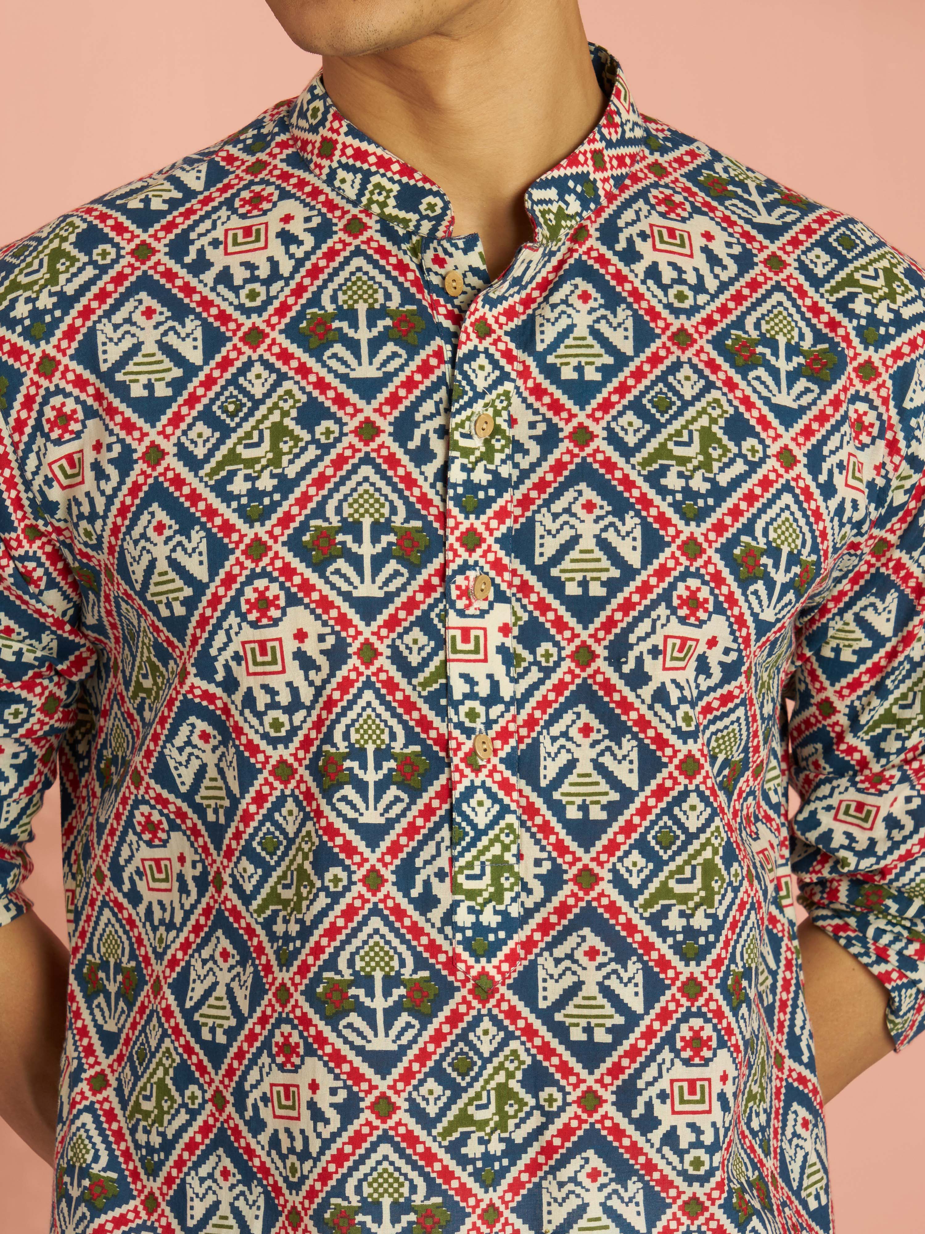 Men's Blue Cotton Patola Printed Mid-Length Kurta - Image 2