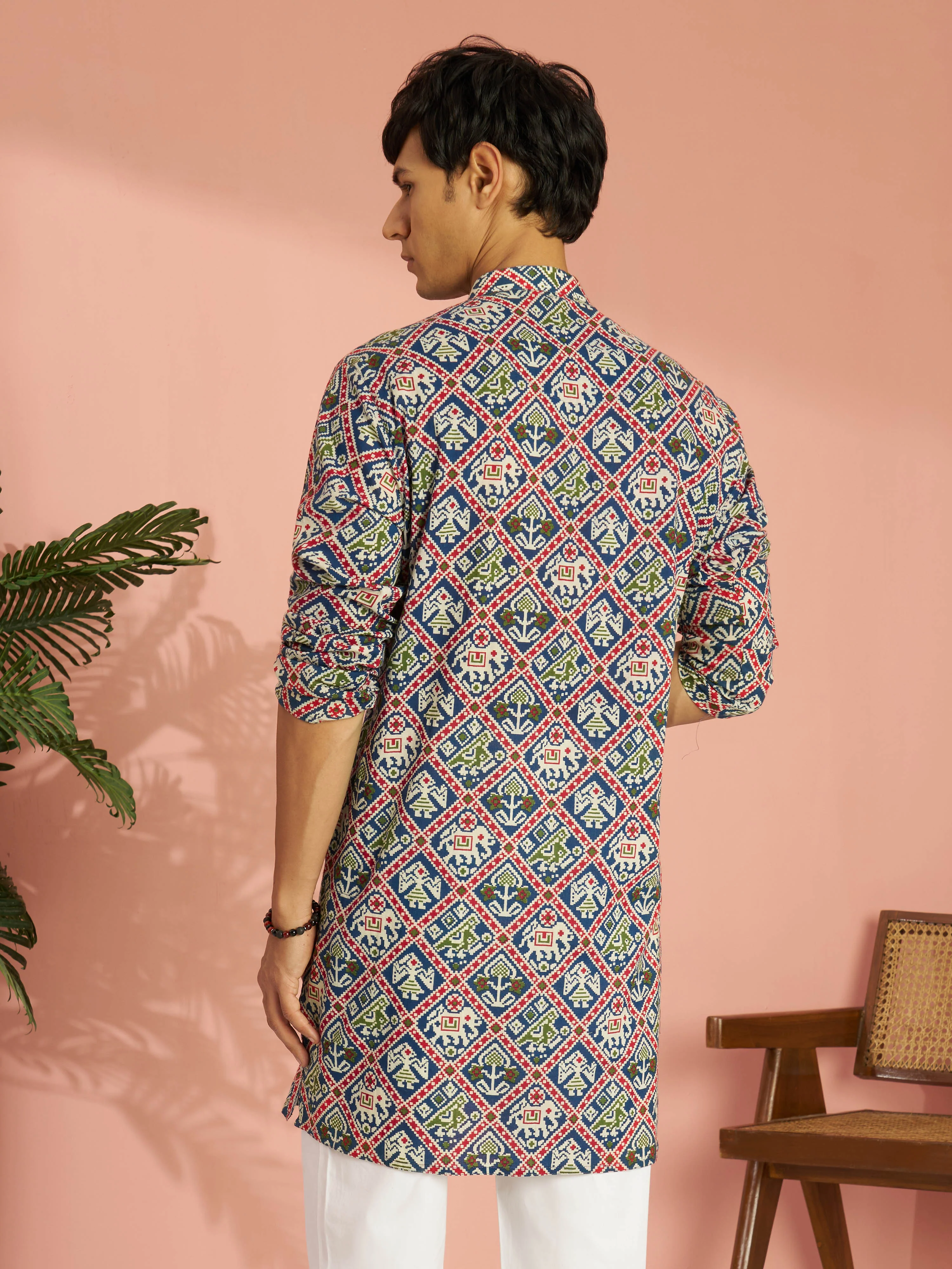 Men's Blue Cotton Patola Printed Mid-Length Kurta - Image 5