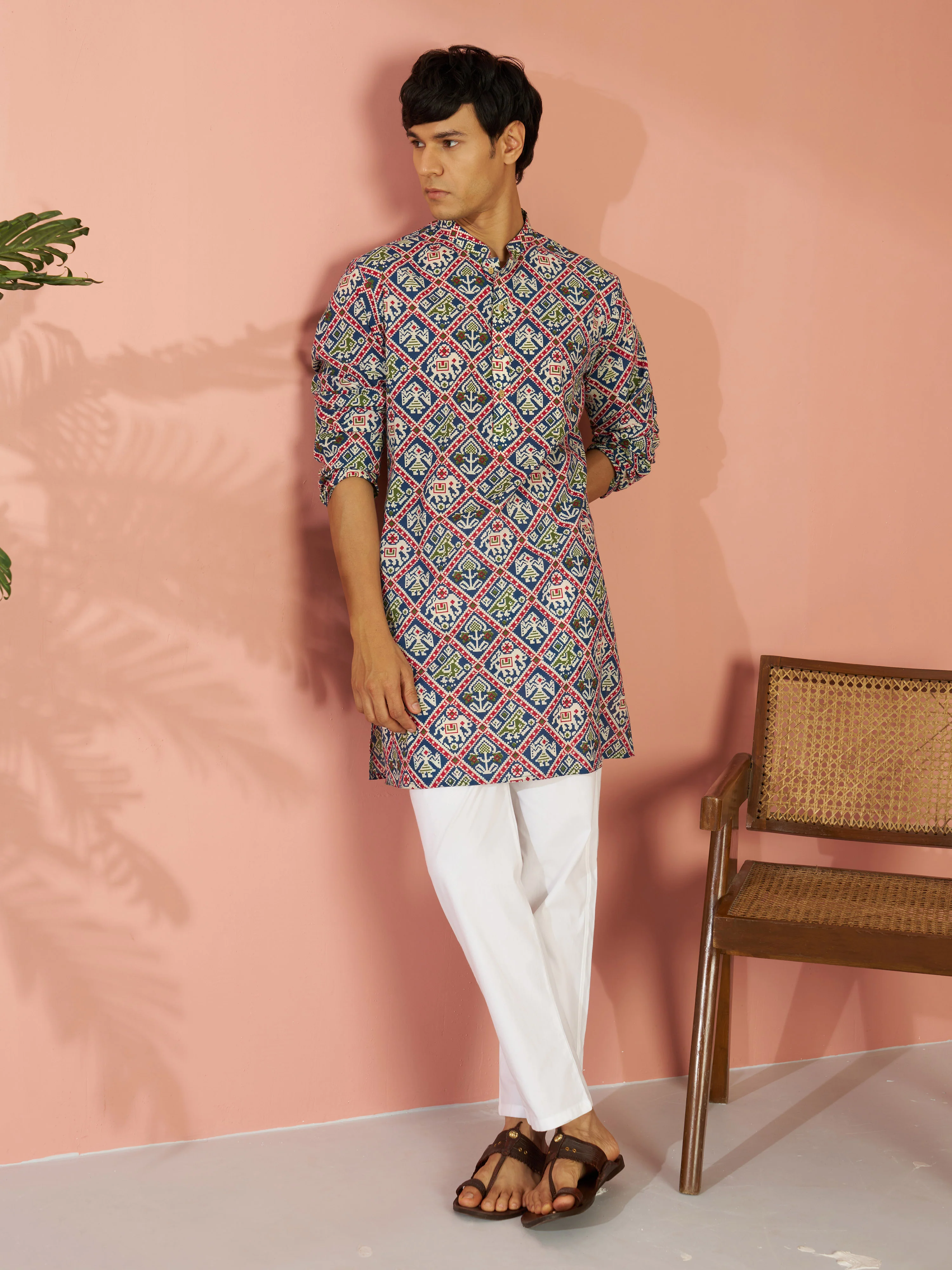 Men's Blue Cotton Patola Printed Mid-Length Kurta - Image 6
