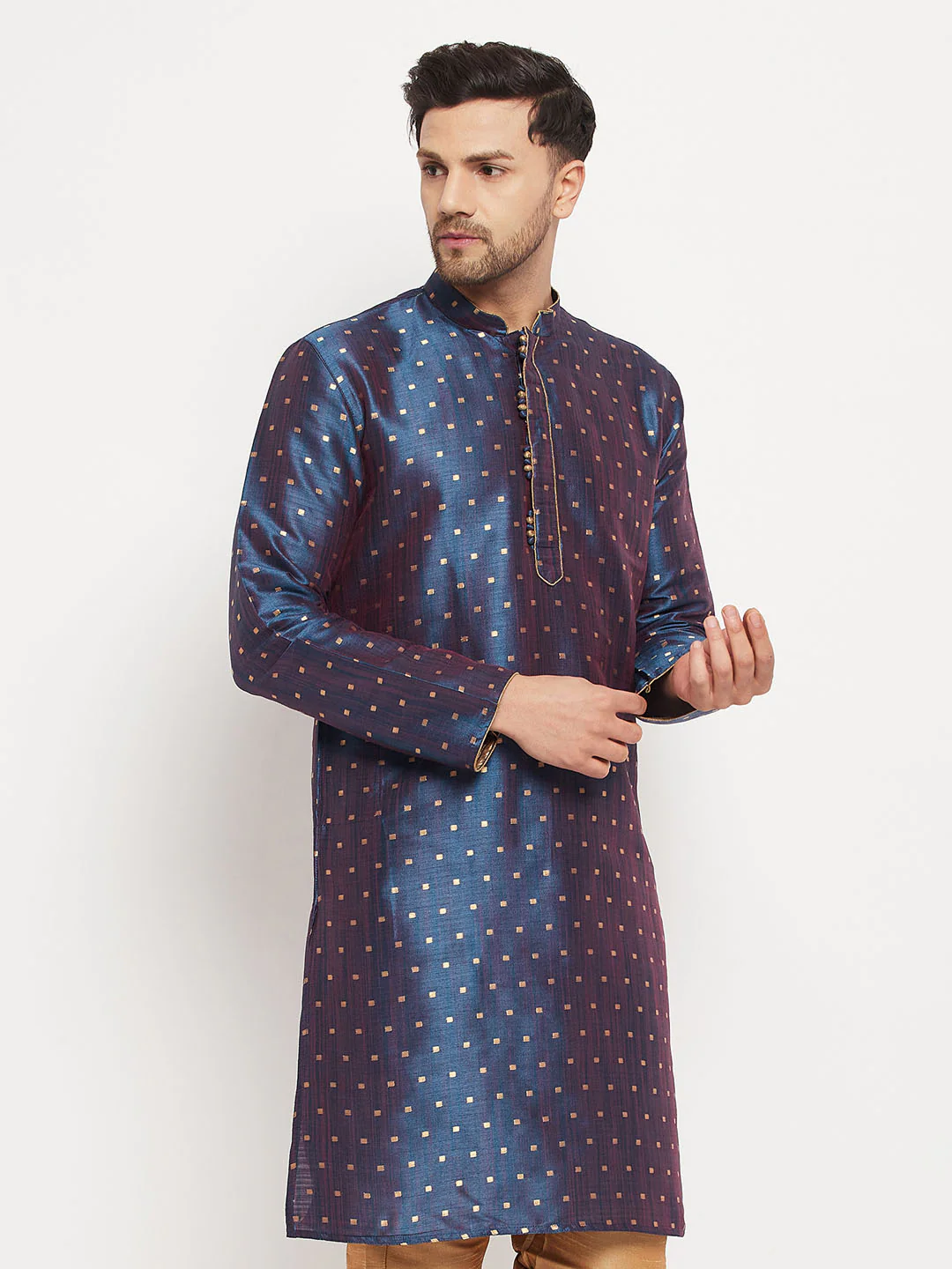 Men's Blue Zari Weaved Kurta - Image 2