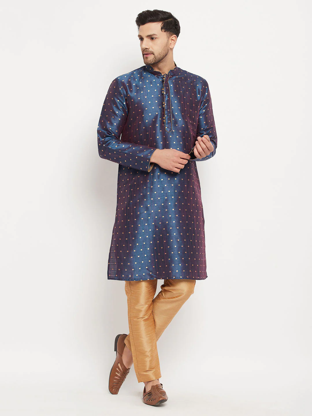 Men's Blue Zari Weaved Kurta - Image 5