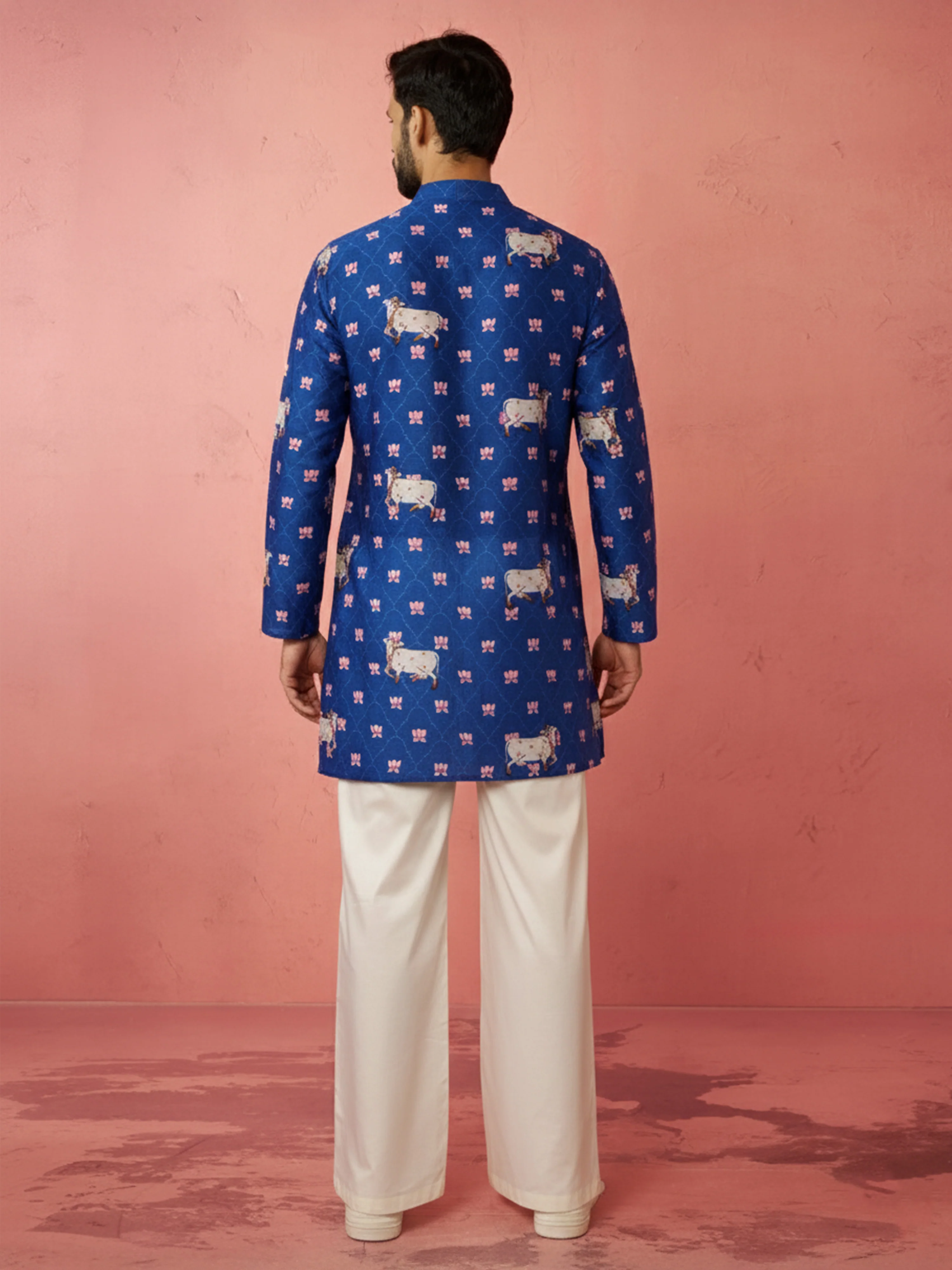 Men's Blue Digital Print Kurta with Cream Satin Palazzo - Image 5