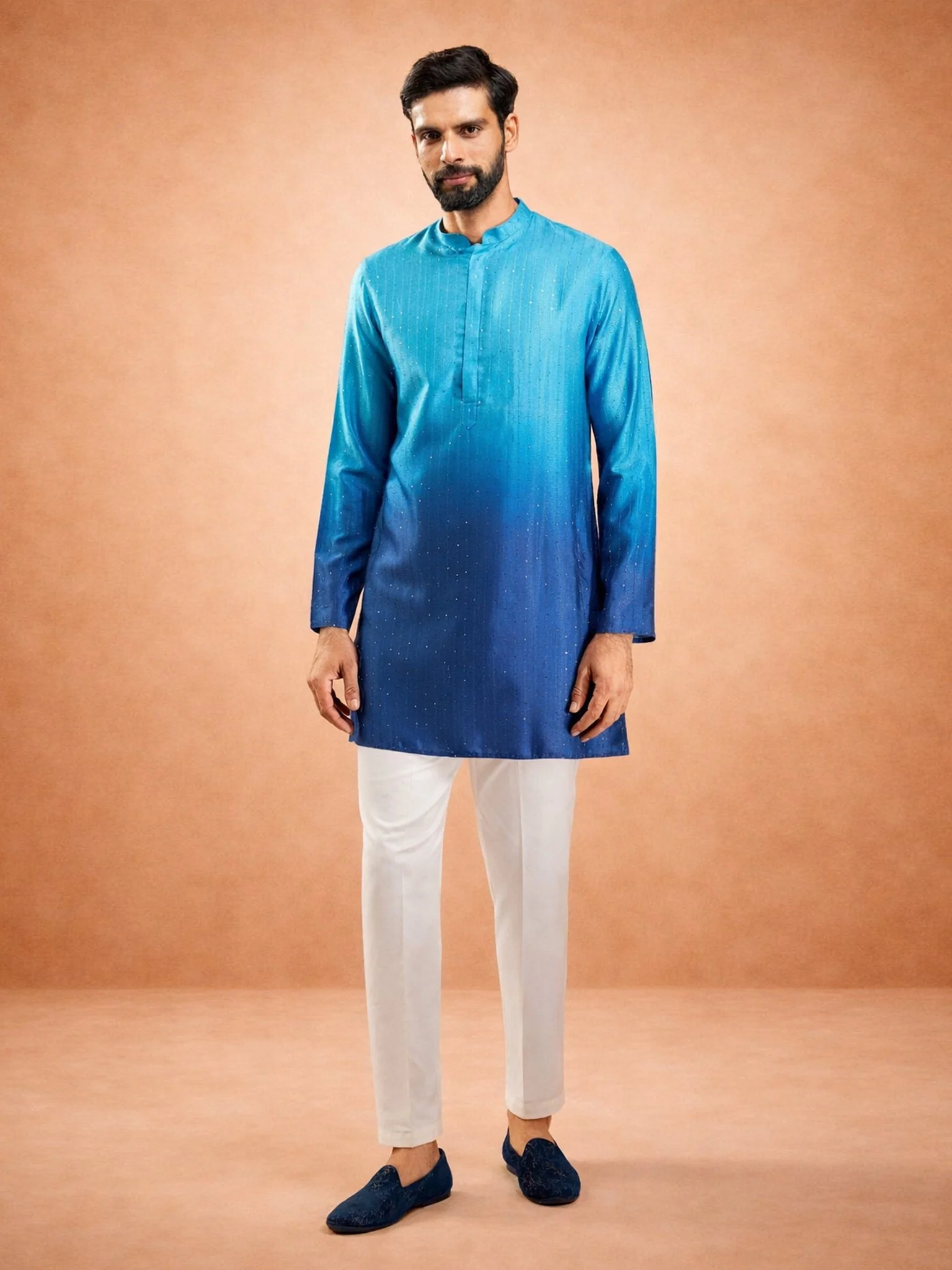 Men's Blue Ombre Silk Blend Sequin Kurta with Cream Silk Pant - Image 3