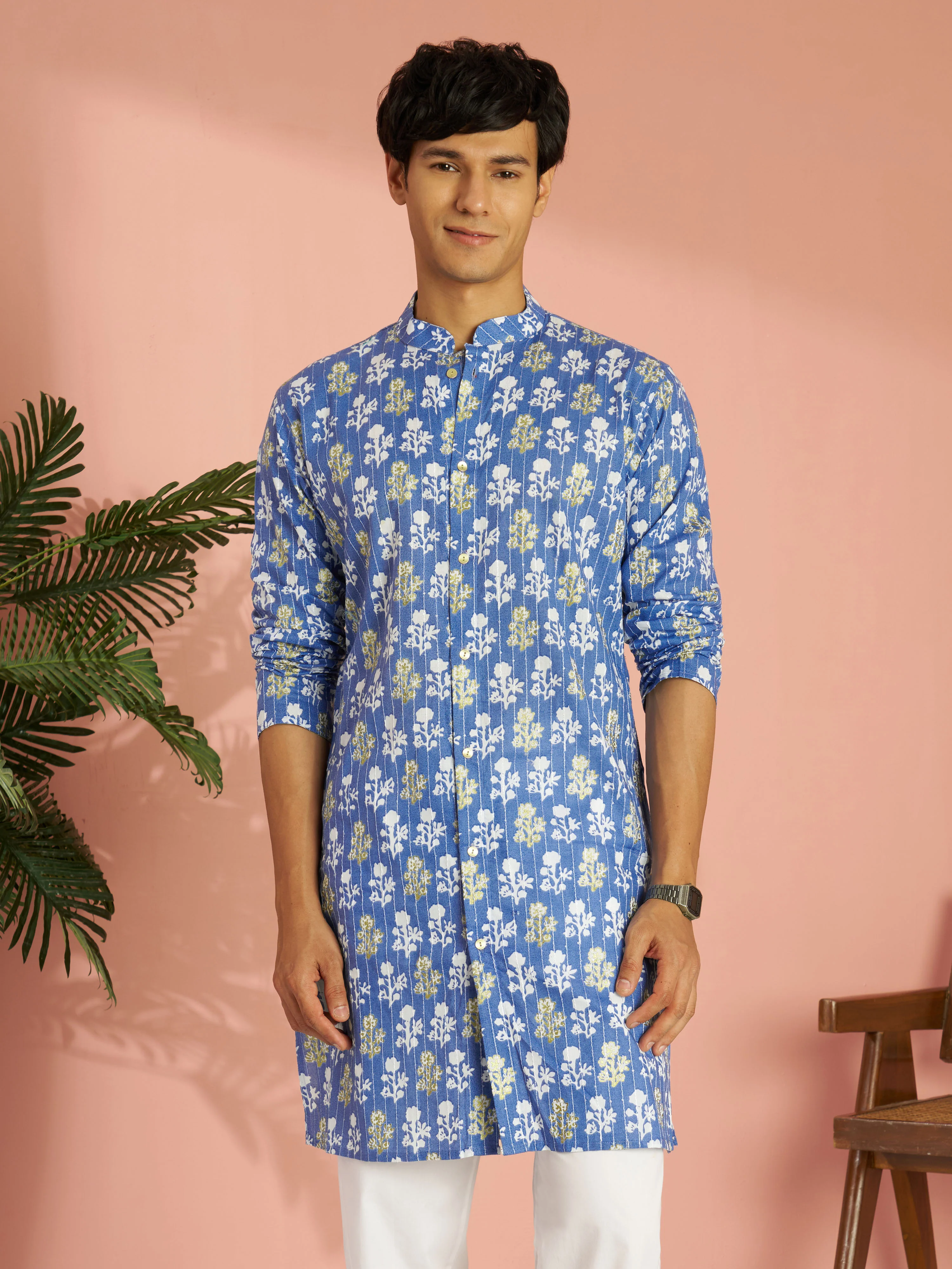 Men's Blue Silk Cotton Blend Floral Printed Thread Embroidered Mid-Length Kurta - Image 3
