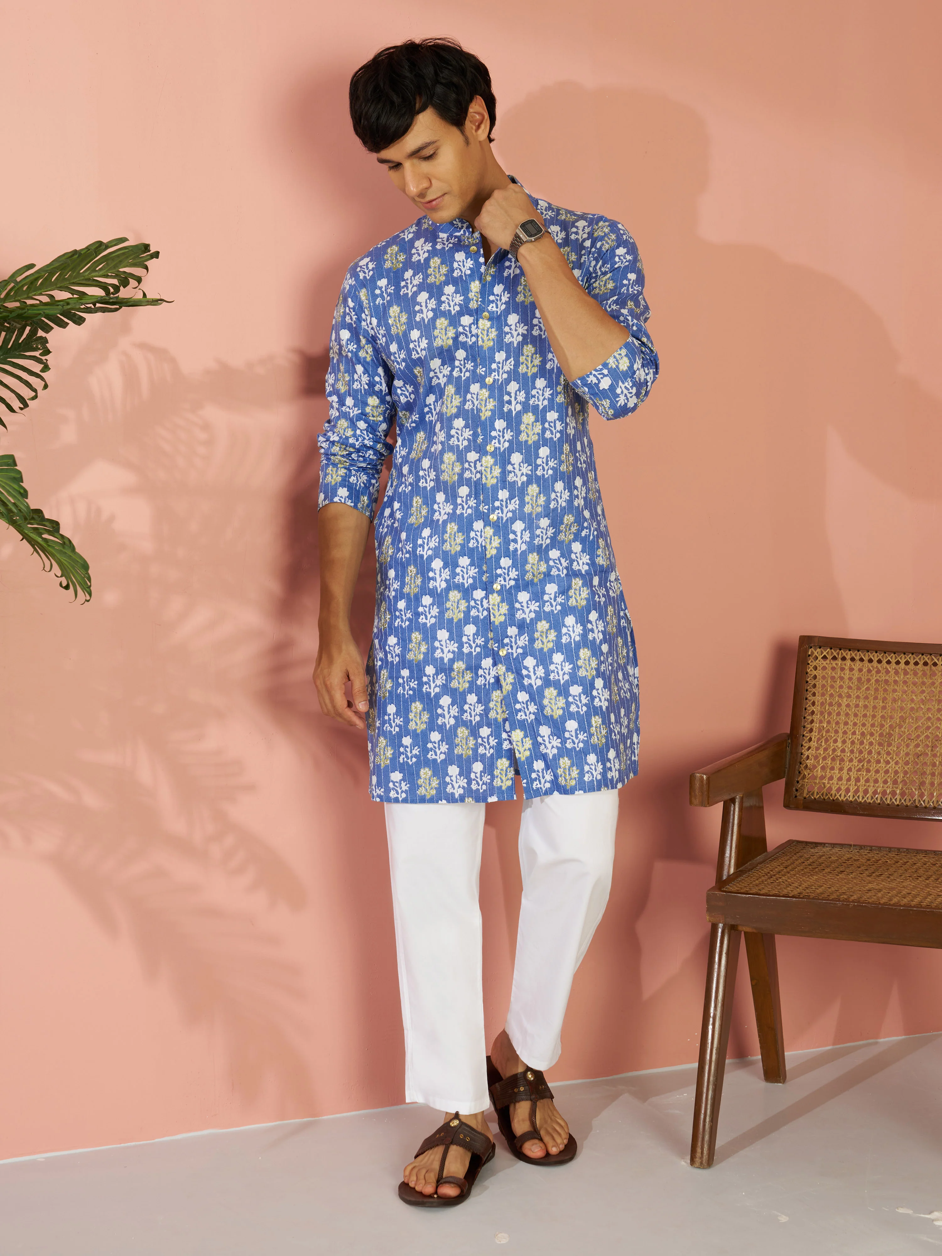 Men's Blue Silk Cotton Blend Floral Printed Thread Embroidered Mid-Length Kurta - Image 6