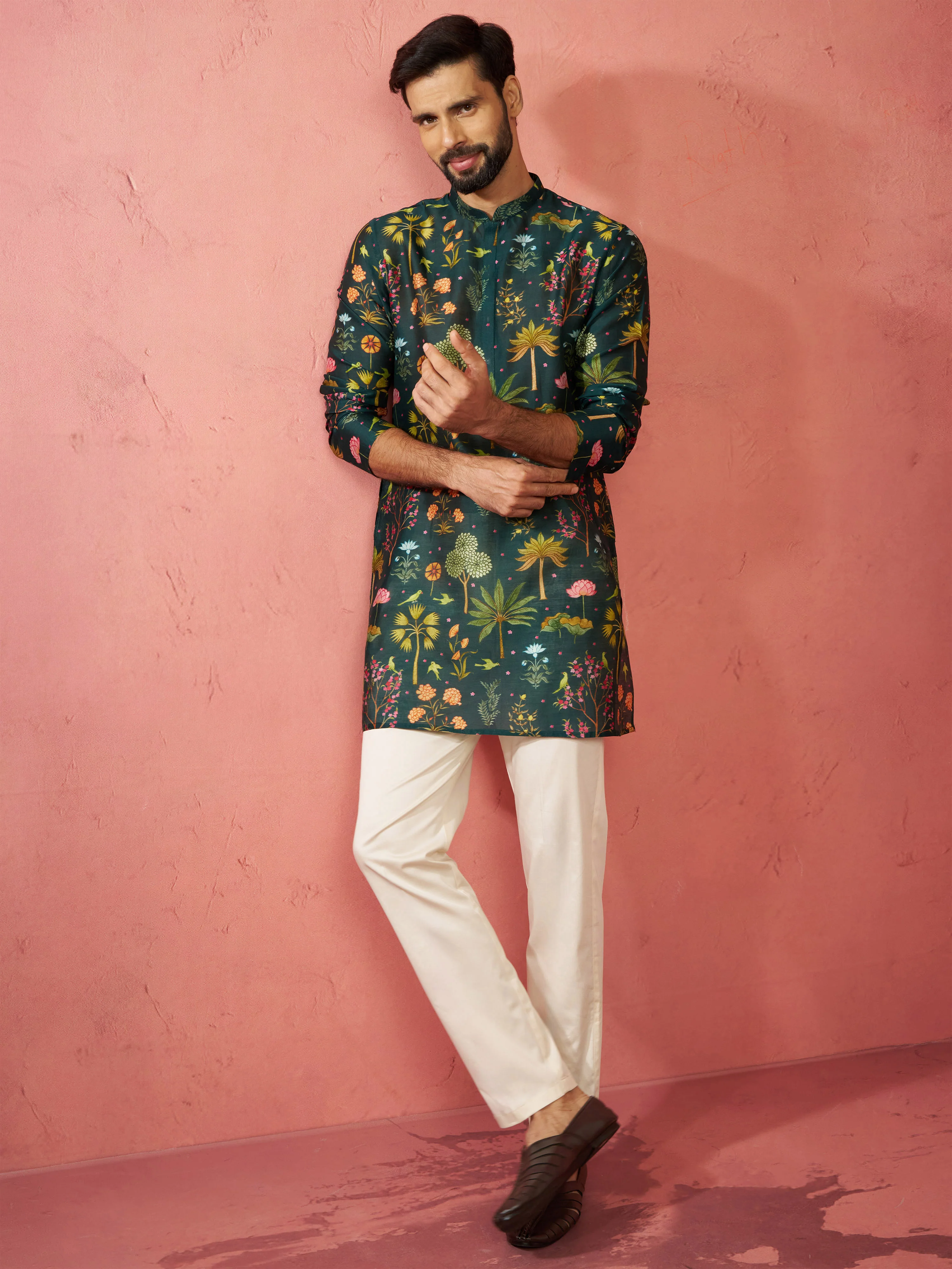 Men's Bottle Green Digital Print Kurta - Image 6