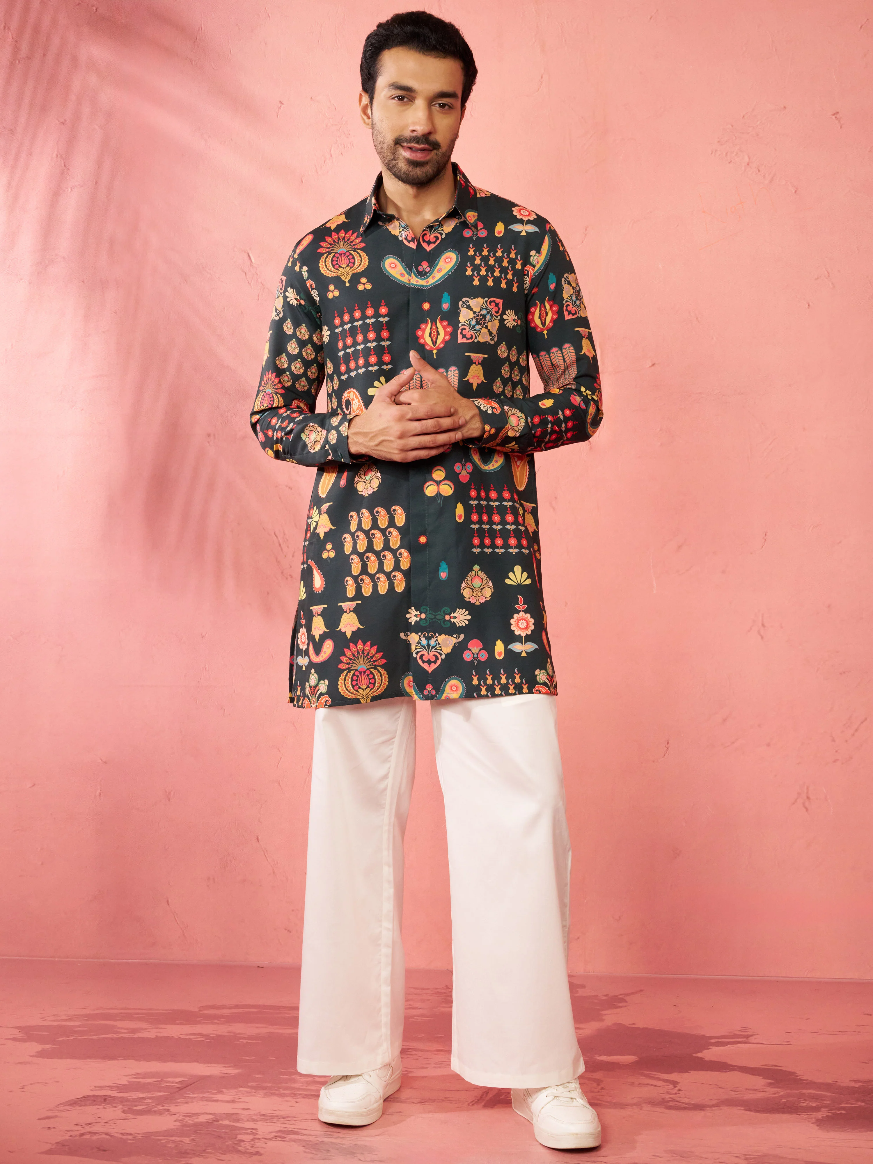 Men's Bottle Green Digital Print Kurta with Cream Palazzo Set - Image 3