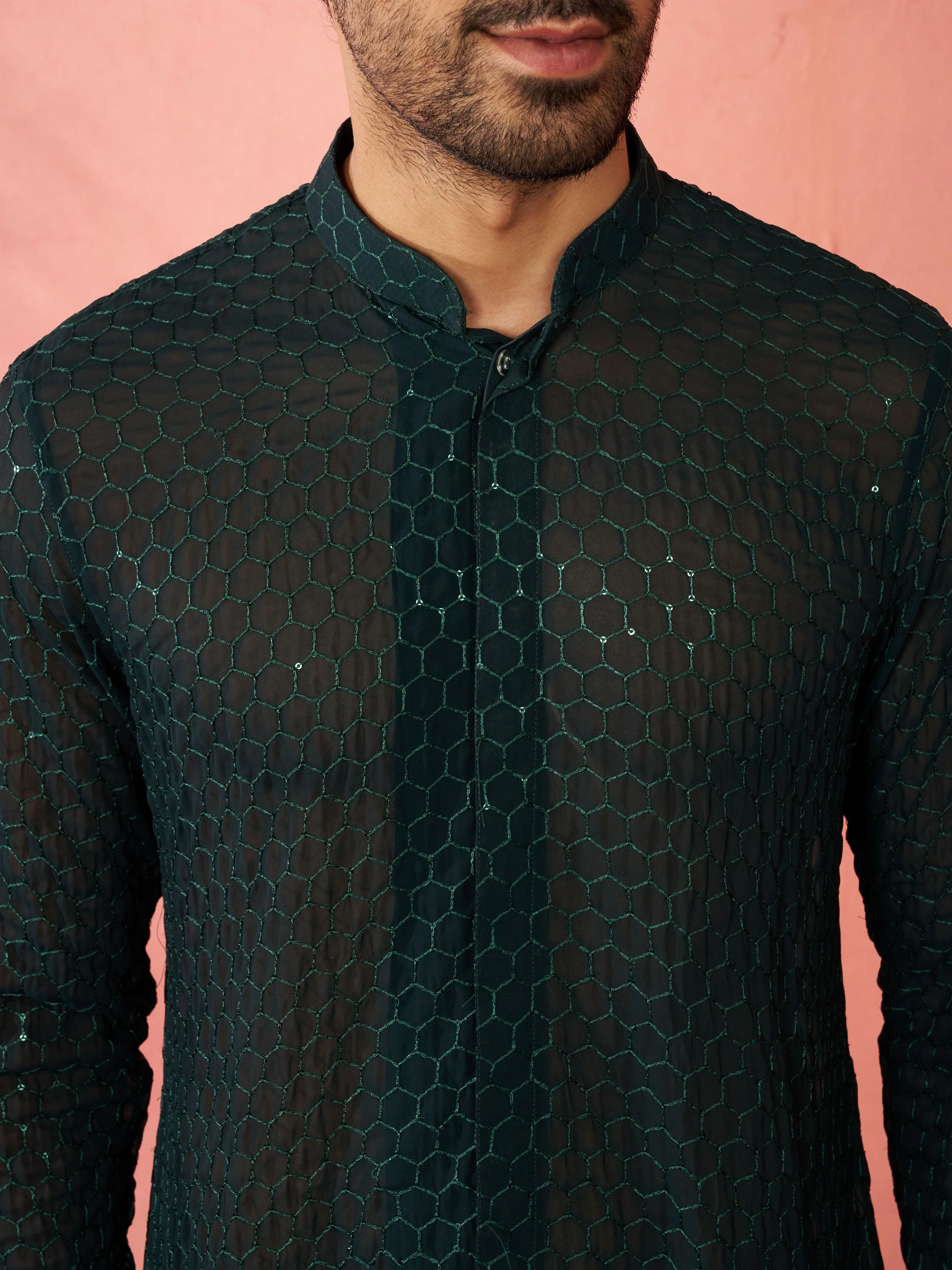 Men's Bottle Green Georgette Embroidered Kurta with Black Satin Palazzo Pant Set - Image 2